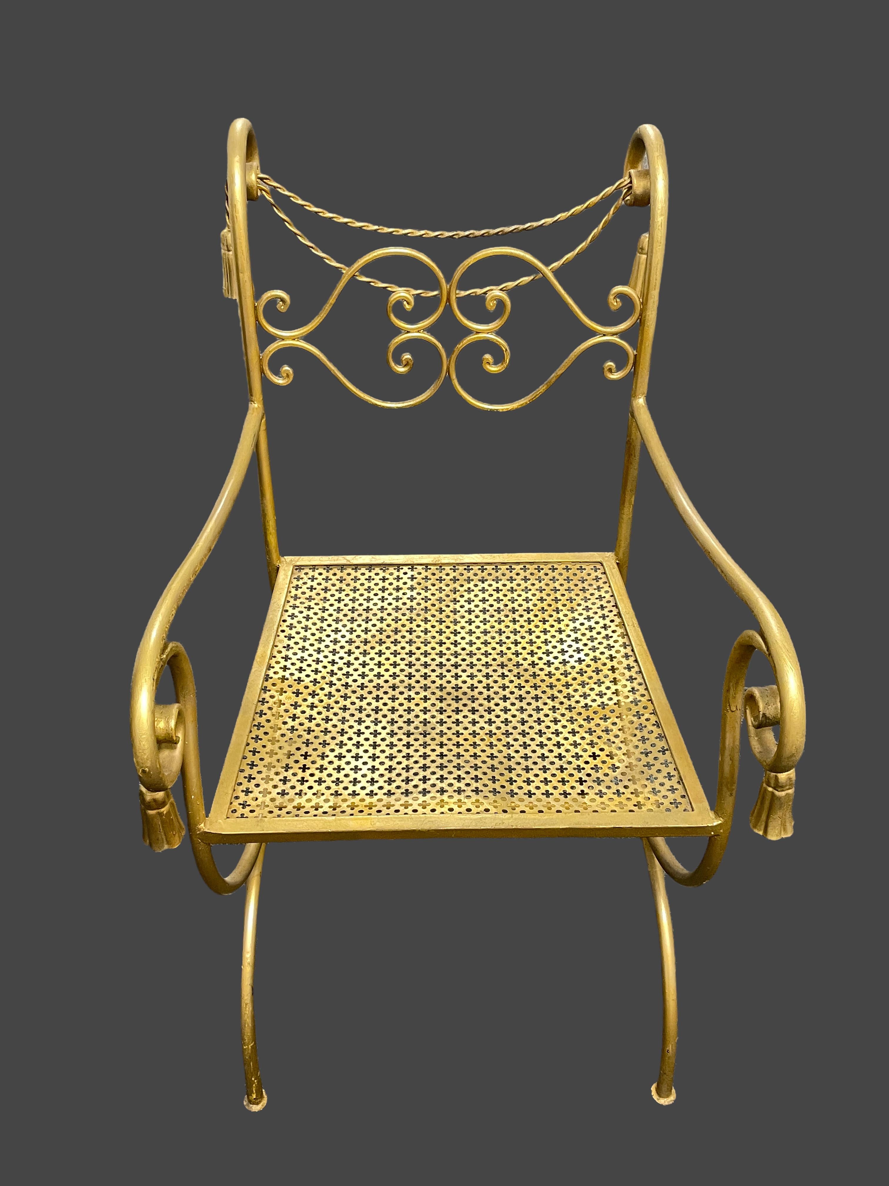 1960s Italian Mid-Century Regency Style Gilt Metal Rope & Tassel Chair For Sale 4