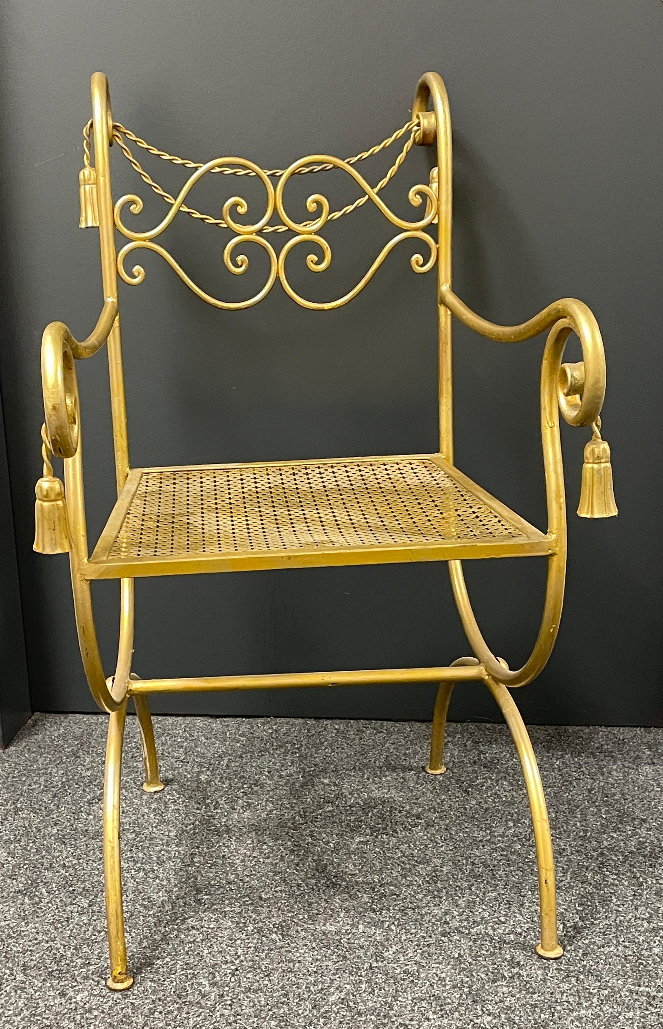 Hollywood Regency 1960s Italian Mid-Century Regency Style Gilt Metal Rope & Tassel Chair For Sale
