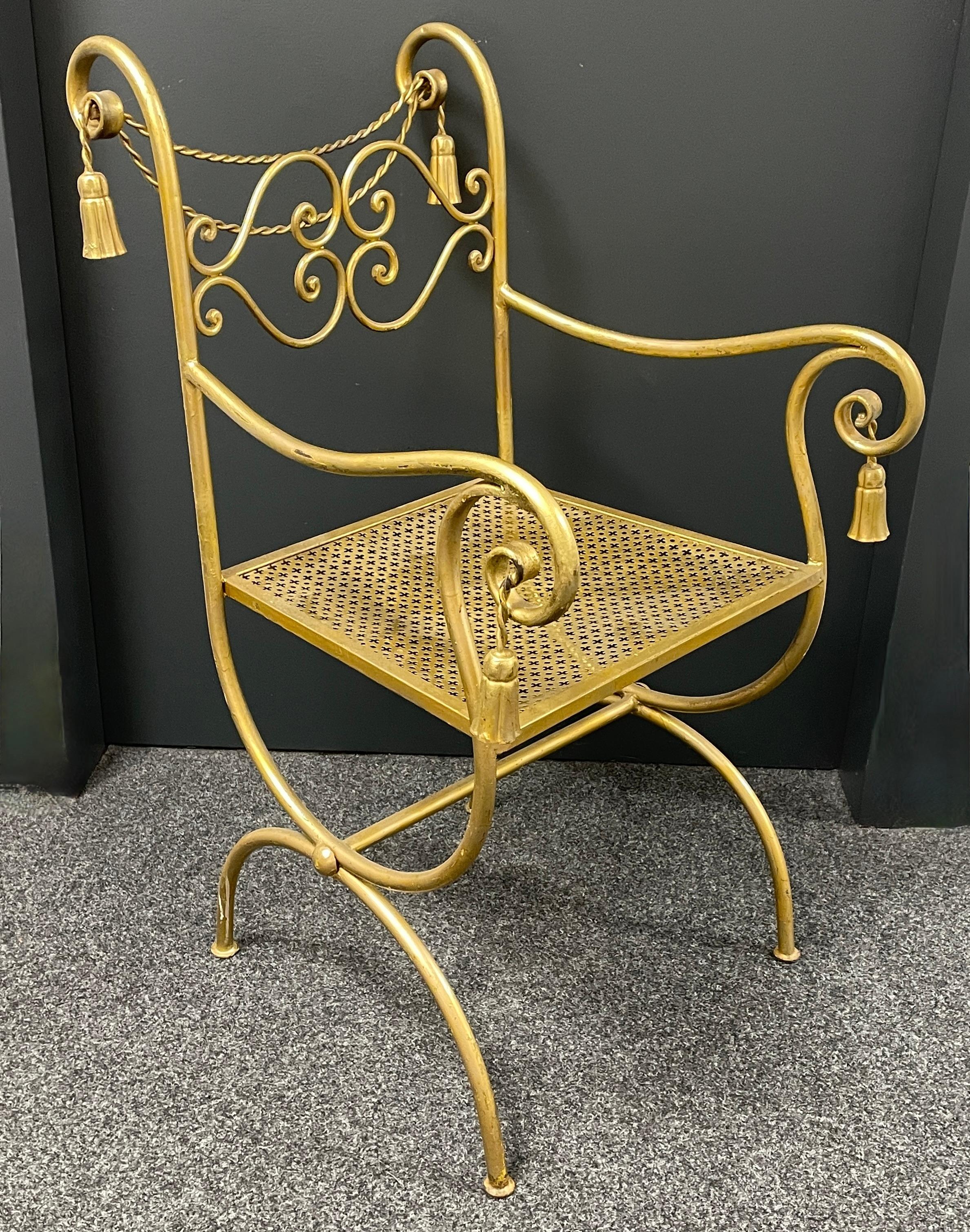 Mid-20th Century 1960s Italian Mid-Century Regency Style Gilt Metal Rope & Tassel Chair For Sale