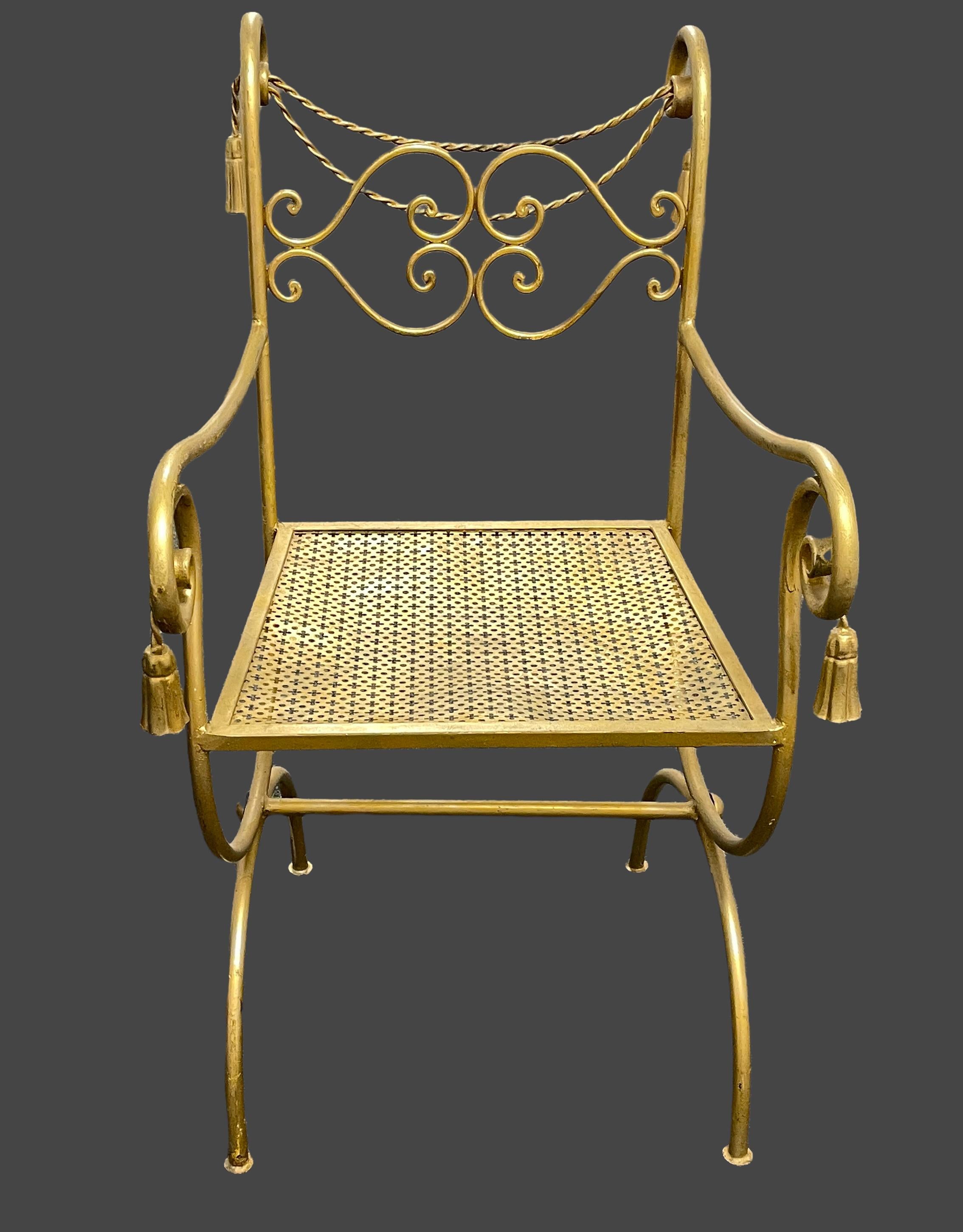 1960s Italian Mid-Century Regency Style Gilt Metal Rope & Tassel Chair For Sale 3