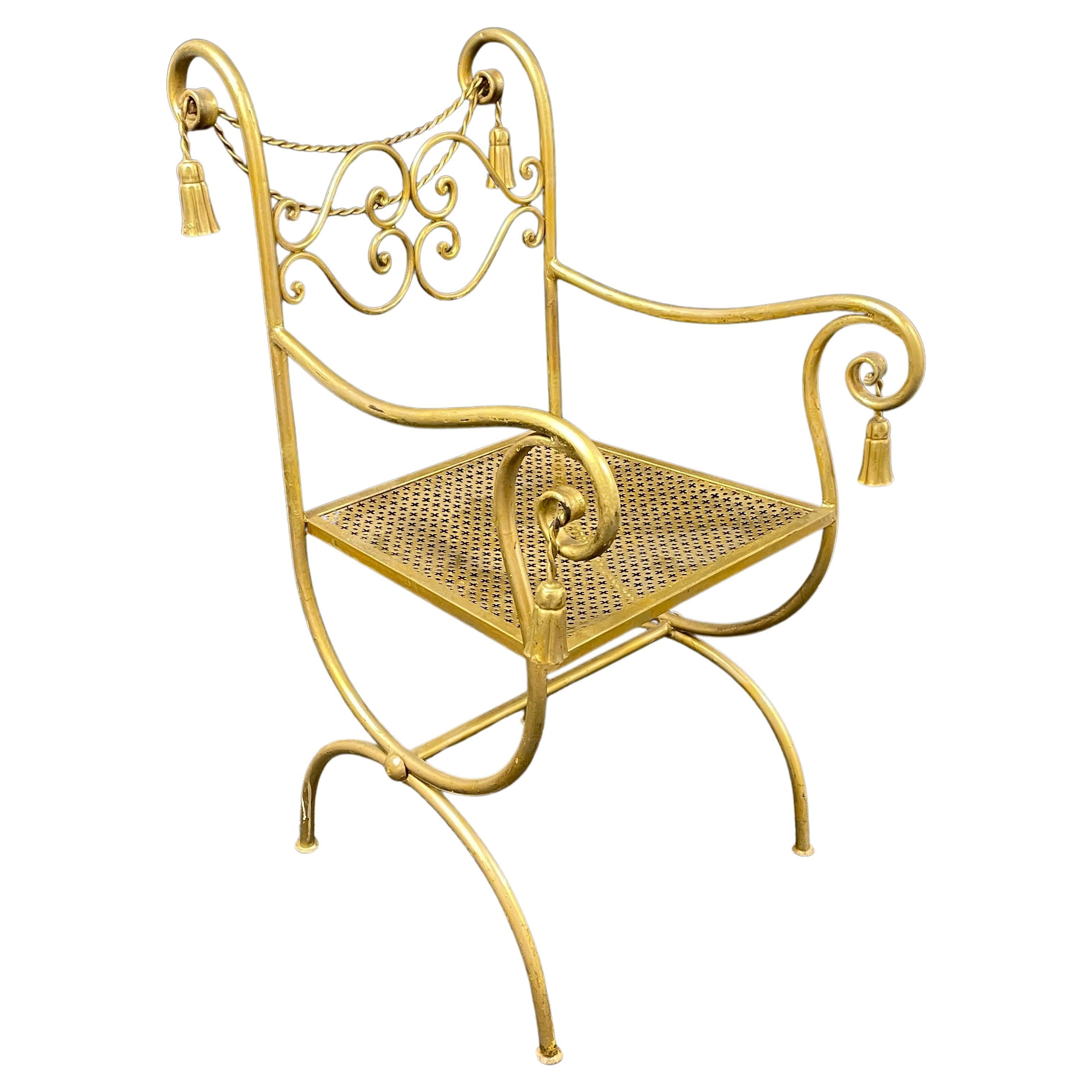 1960s Italian Mid-Century Regency Style Gilt Metal Rope & Tassel Chair For Sale