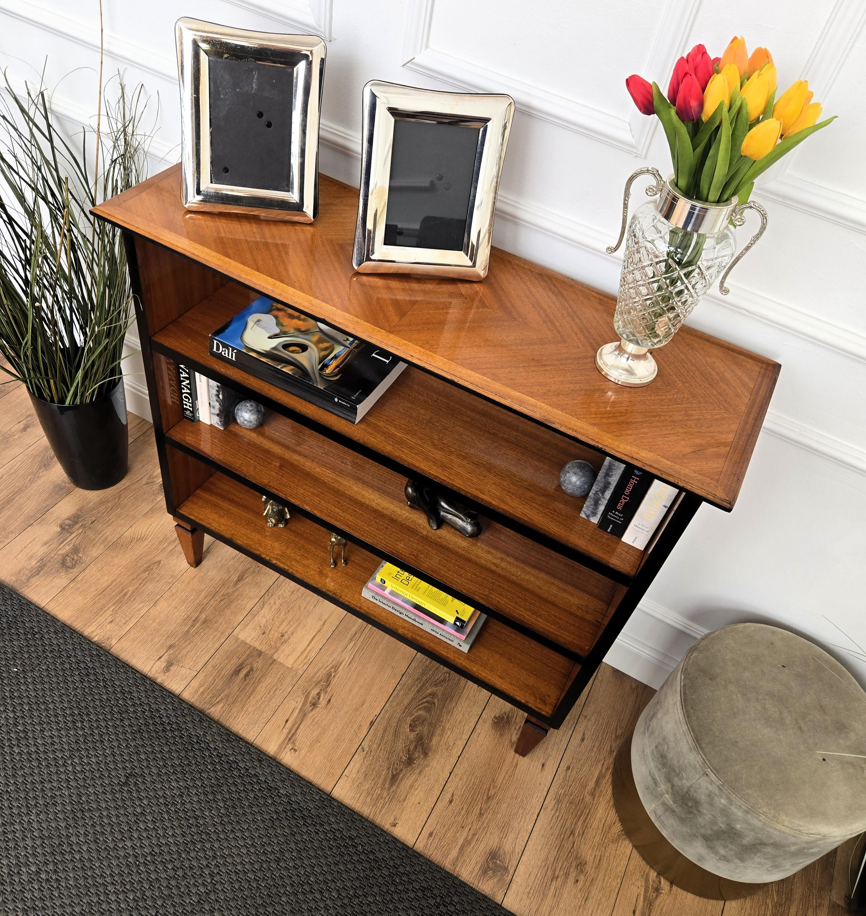 1960s Italian Mid-century Walnut Wood Three Shelves Open Bookcase Library For Sale 1