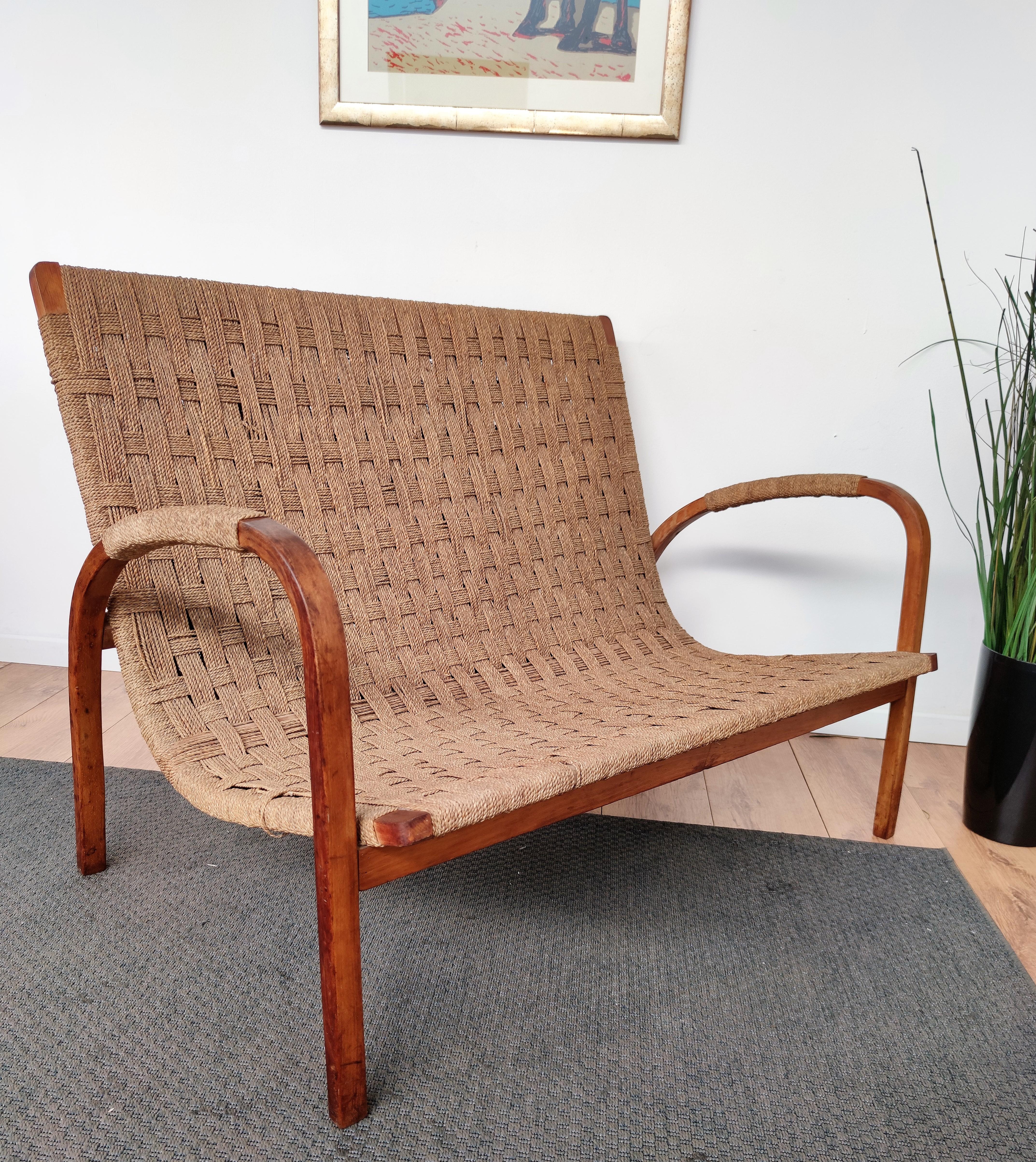 Mid-Century Modern 1960s Italian Midcentury Wood and Cord Woven Rope Lounge Bench Armchair For Sale