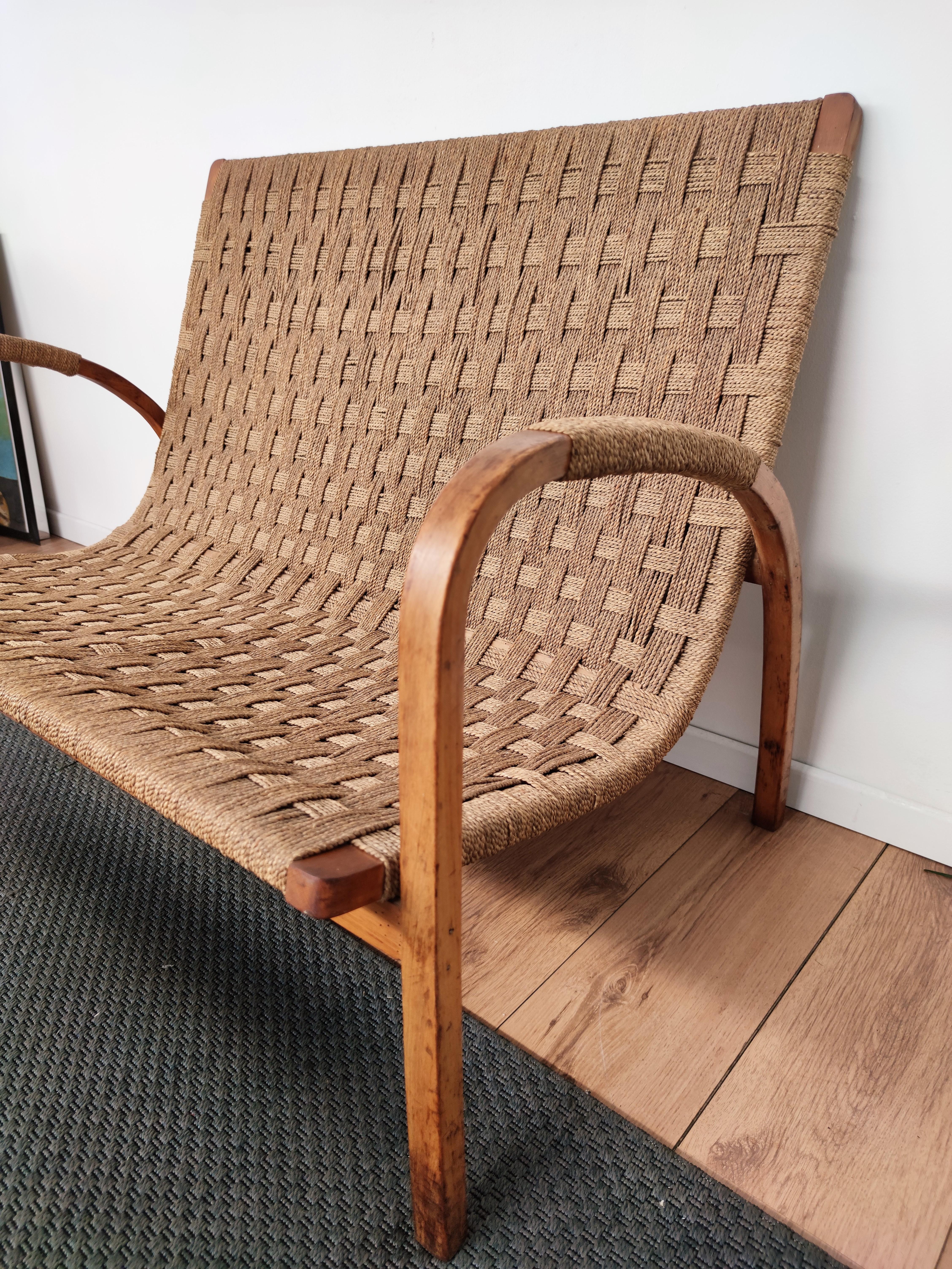 20th Century 1960s Italian Midcentury Wood and Cord Woven Rope Lounge Bench Armchair For Sale