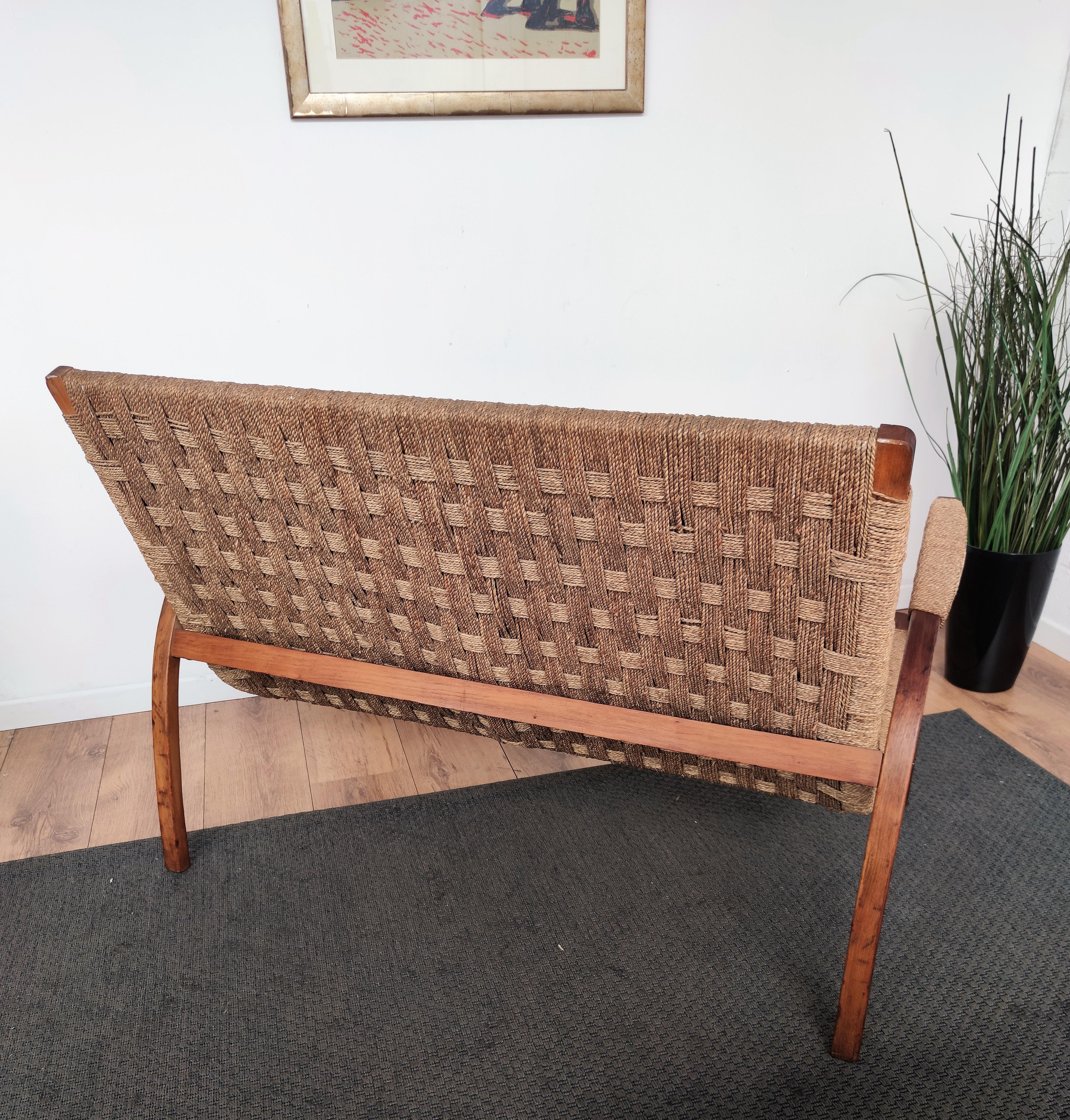 1960s Italian Midcentury Wood and Cord Woven Rope Lounge Bench Armchair For Sale 1