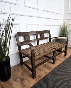 1960s Italian Midcentury Burl Wood and Cord Woven Rope Lounge Bench Armchair