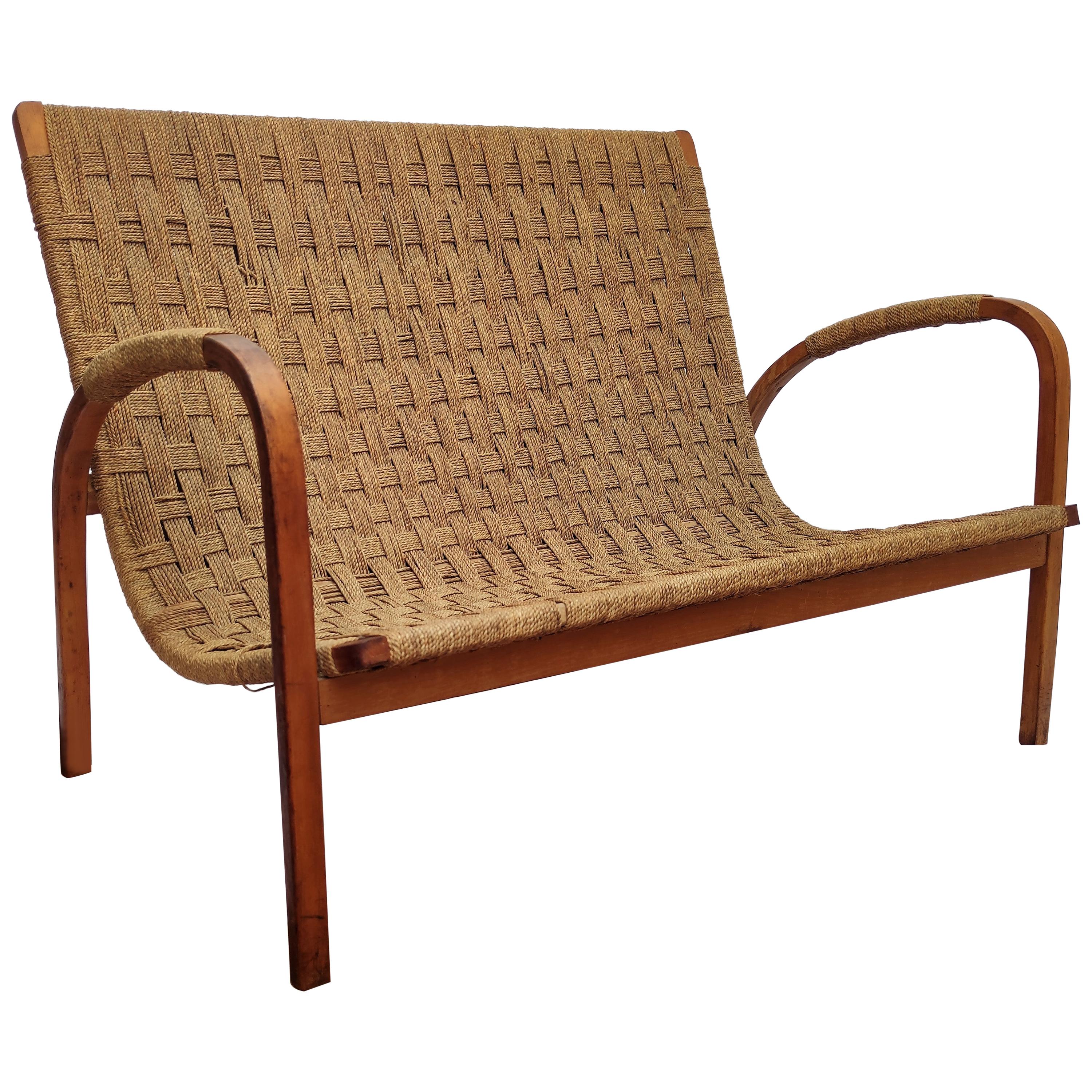 1960s Italian Midcentury Wood and Cord Woven Rope Lounge Bench Armchair For Sale