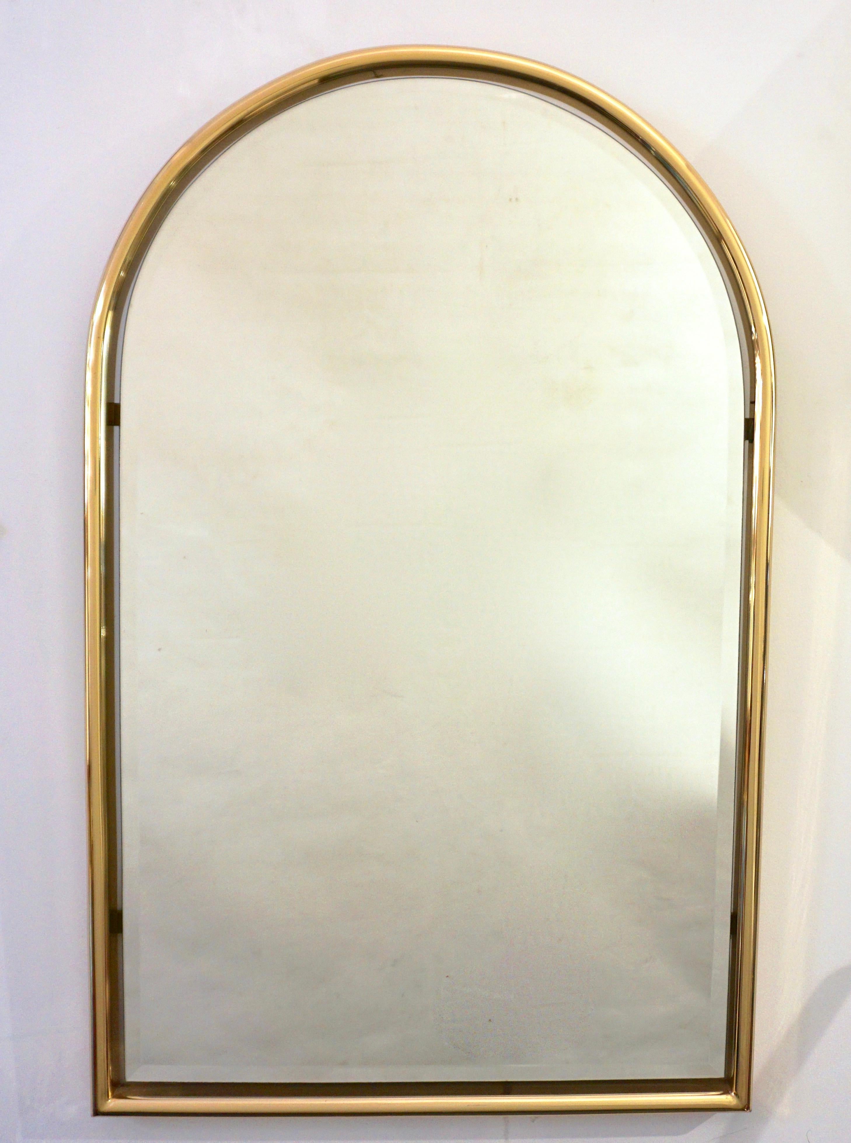 Mid-20th Century 1960s Italian Minimalist Brass Floating Mirror with Round Arched Top Frame For Sale