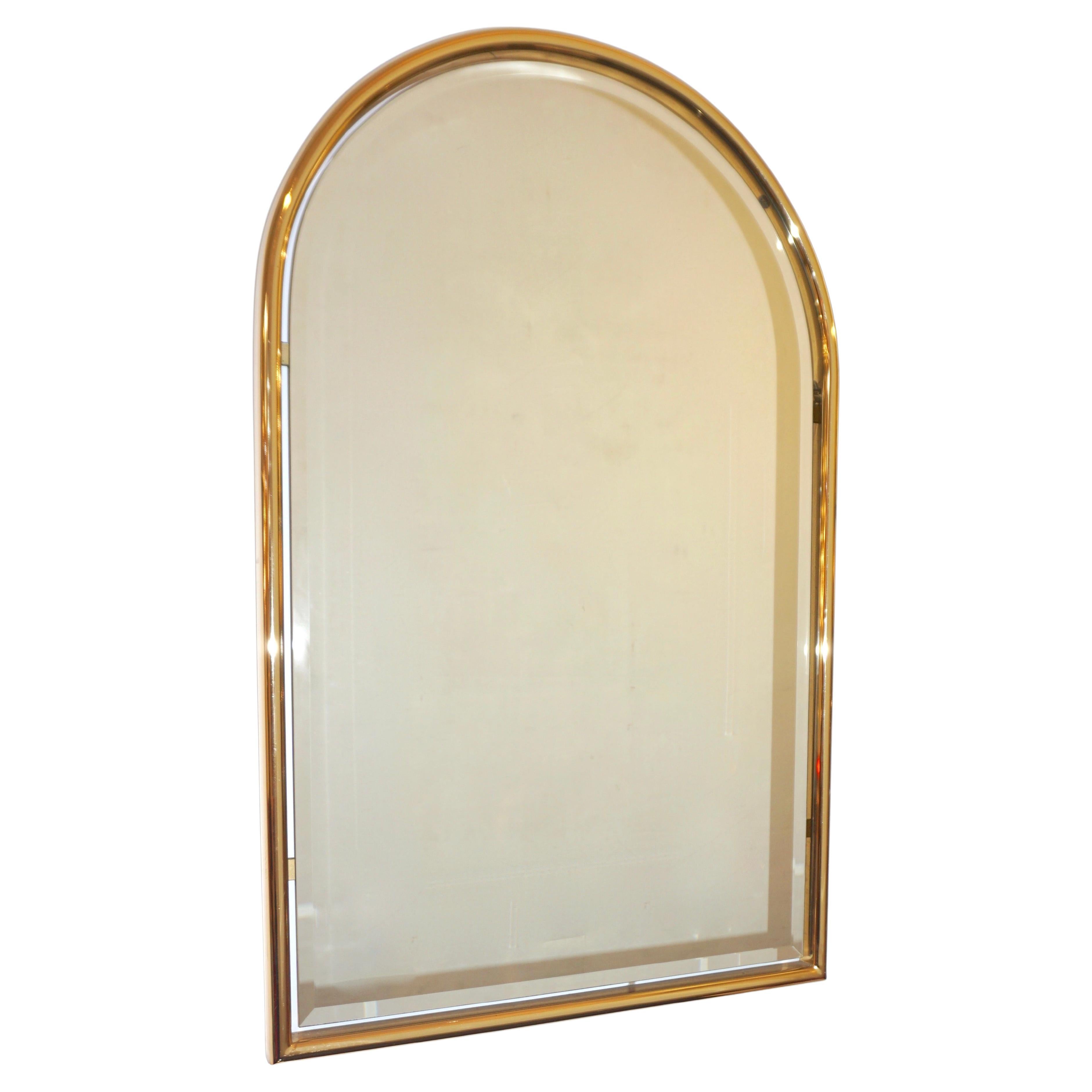1960s Italian Minimalist Brass Floating Mirror with Round Arched Top Frame For Sale