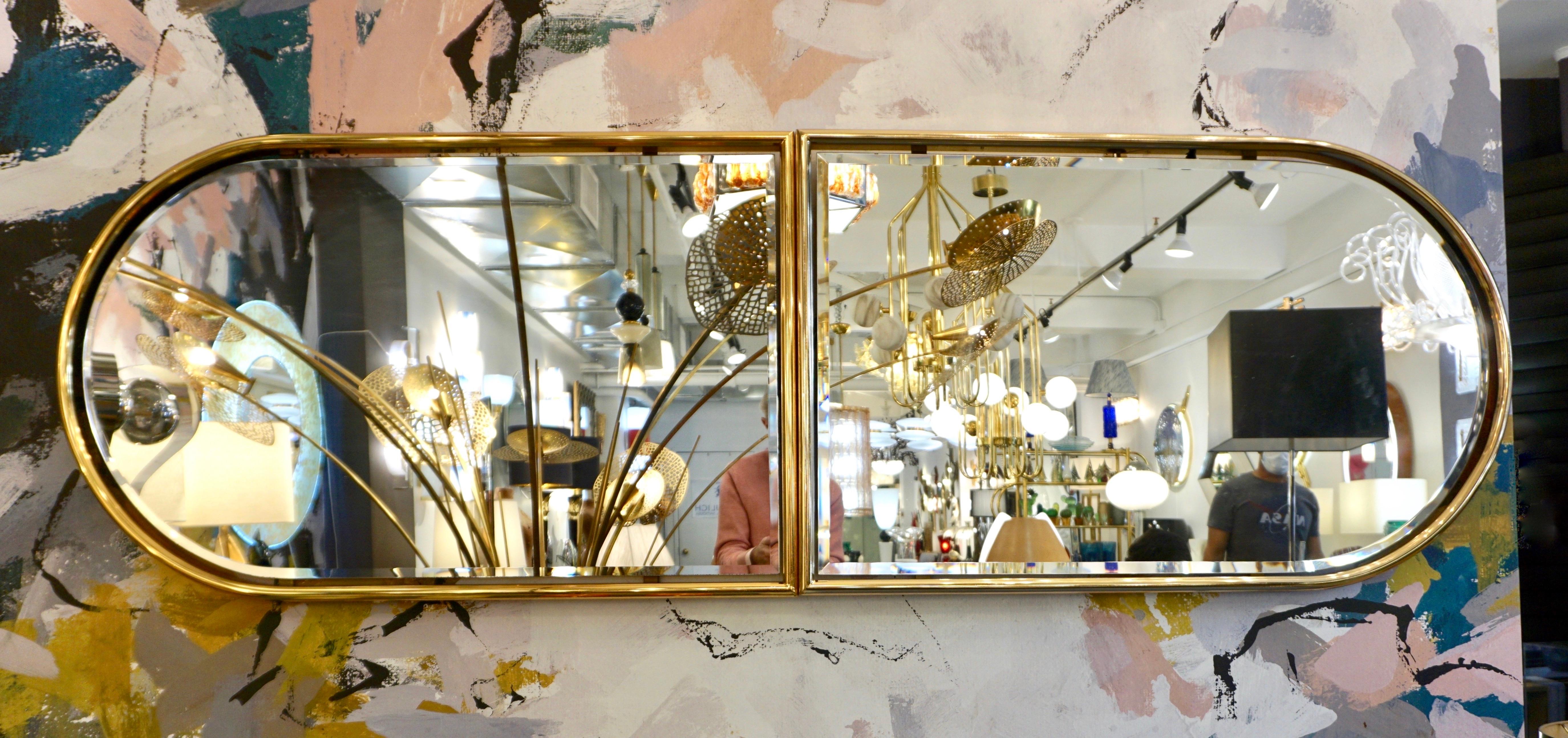 Hand-Crafted 1960s Italian Minimalist Brass Full Floating Mirror with Round Arched Top Frame For Sale