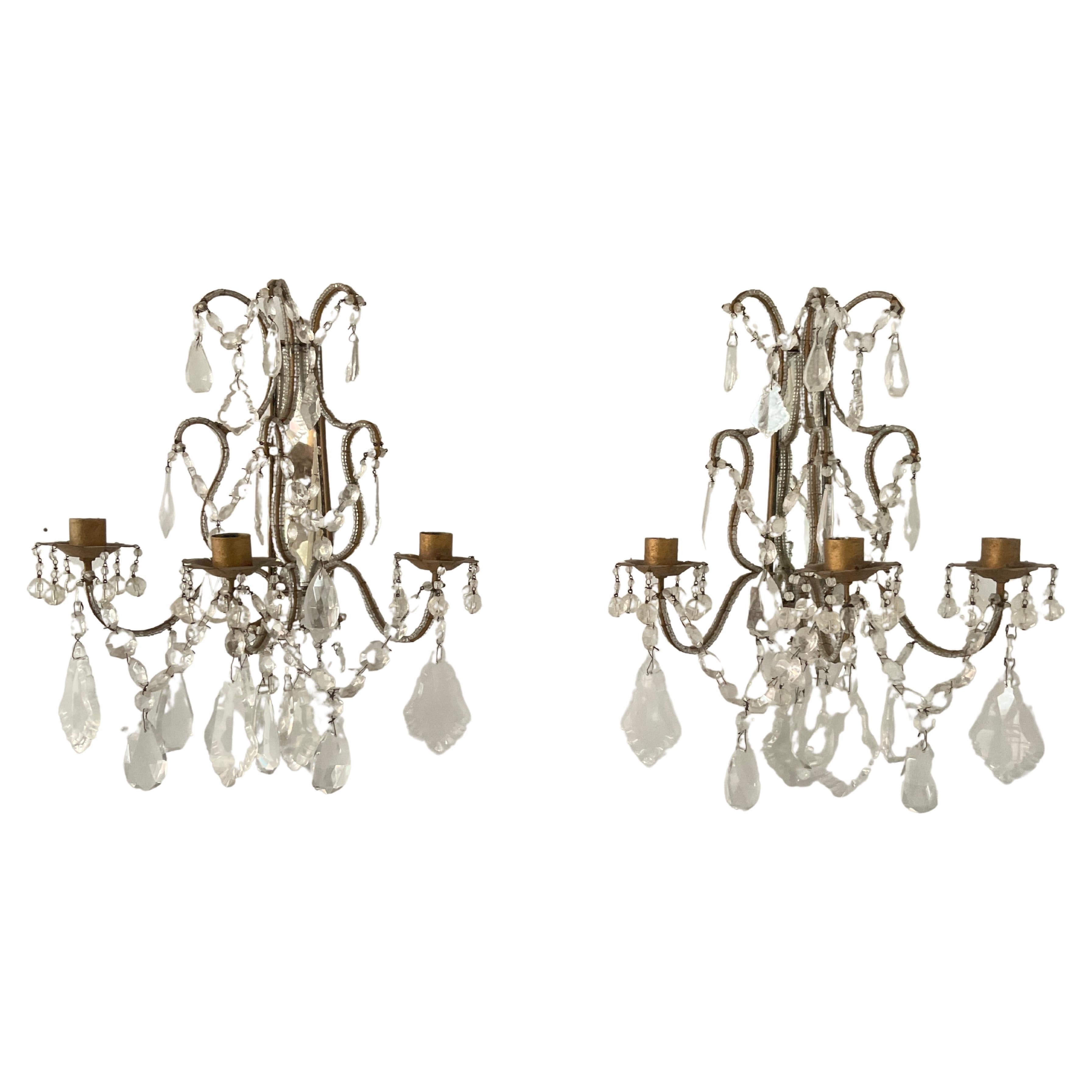 1960s Italian Mirrored Back Beaded Sconces For Sale