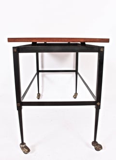 Italian Modern Black Iron Rolling Cart with Floating Teak Surface, 1960's