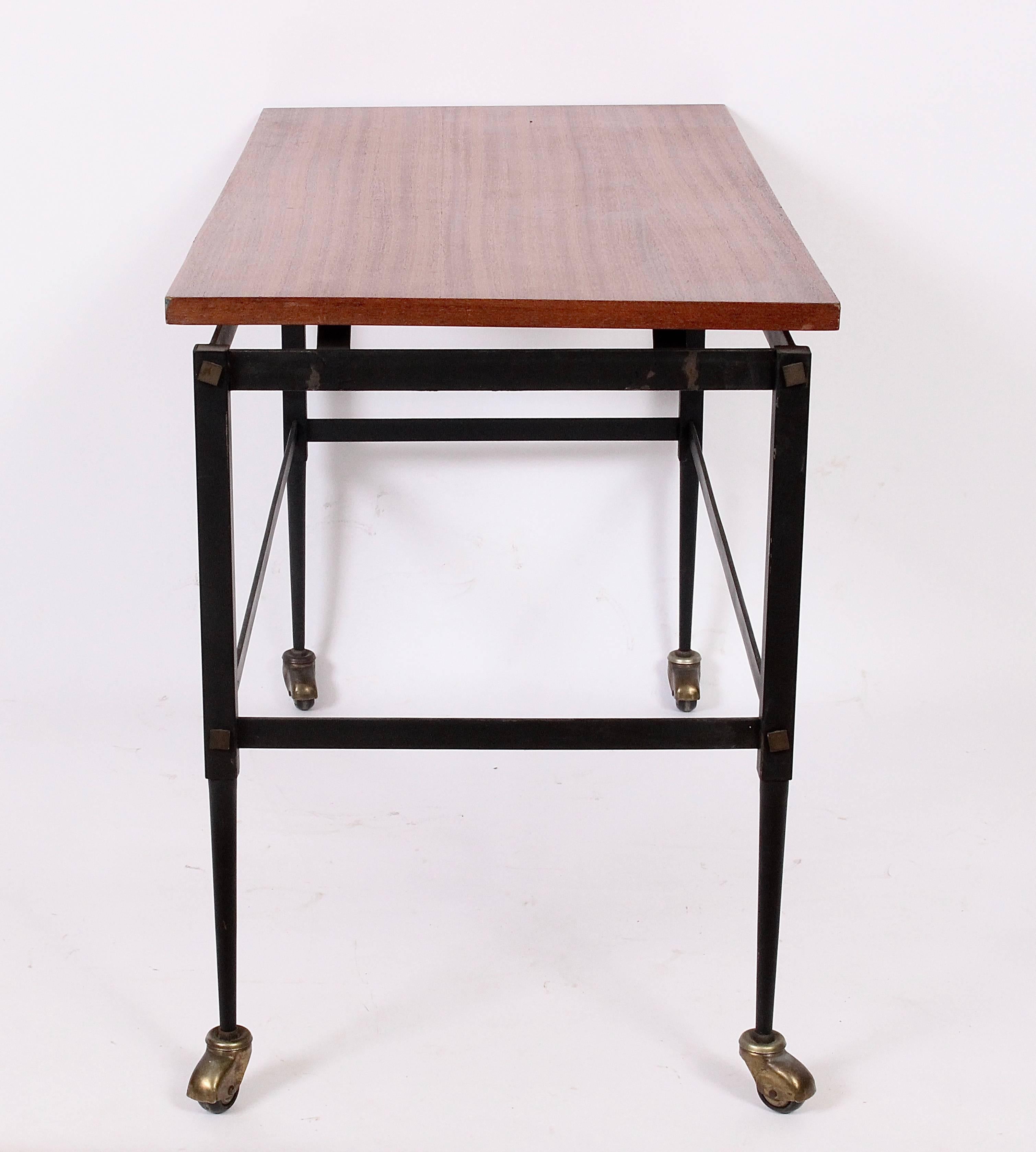 Mid-Century Modern Italian Modern Black Iron Rolling Cart with Floating Teak Surface, 1960's   For Sale