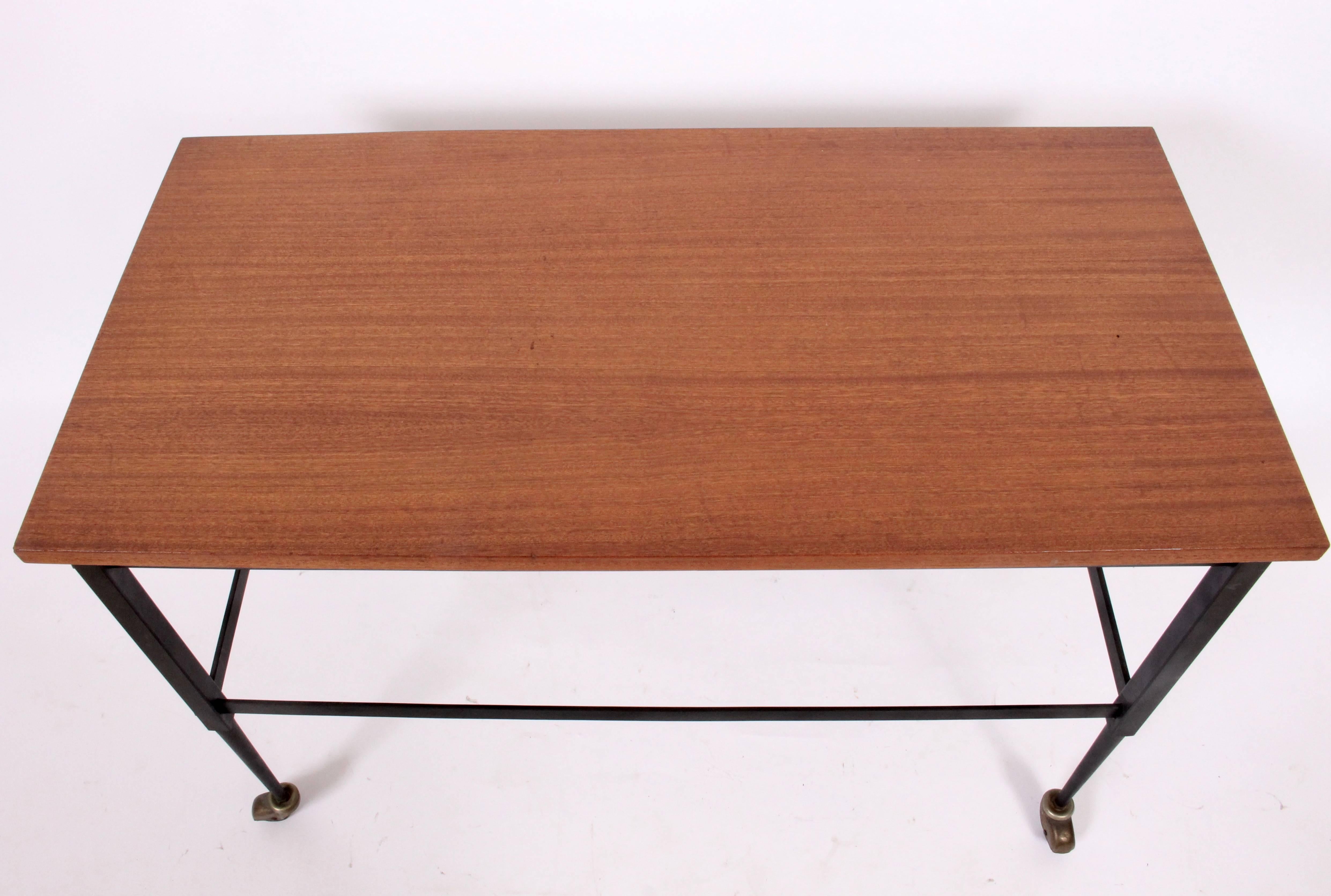Enameled Italian Modern Black Iron Rolling Cart with Floating Teak Surface, 1960's   For Sale
