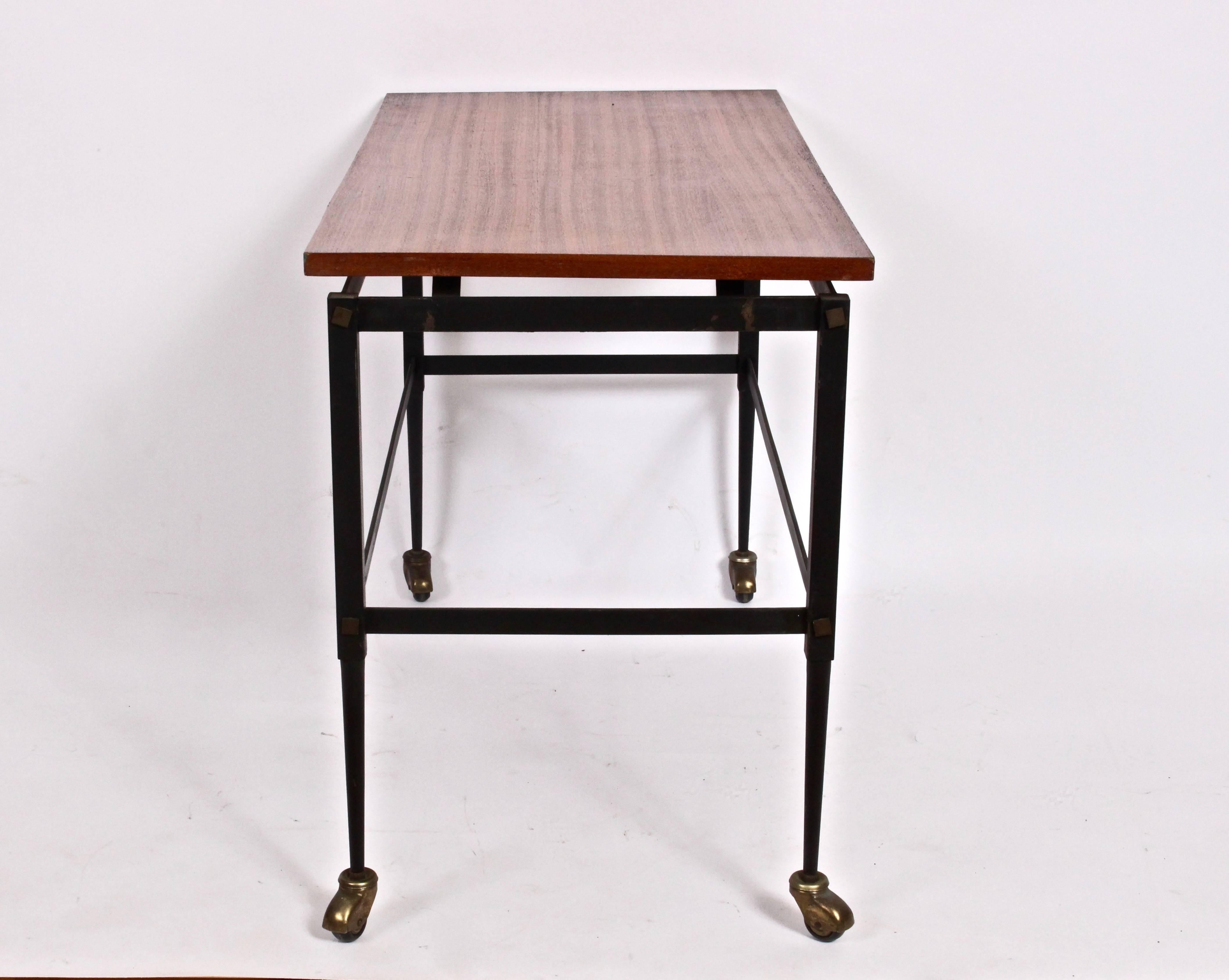 Italian Modern Black Iron Rolling Cart with Floating Teak Surface, 1960's   For Sale 2