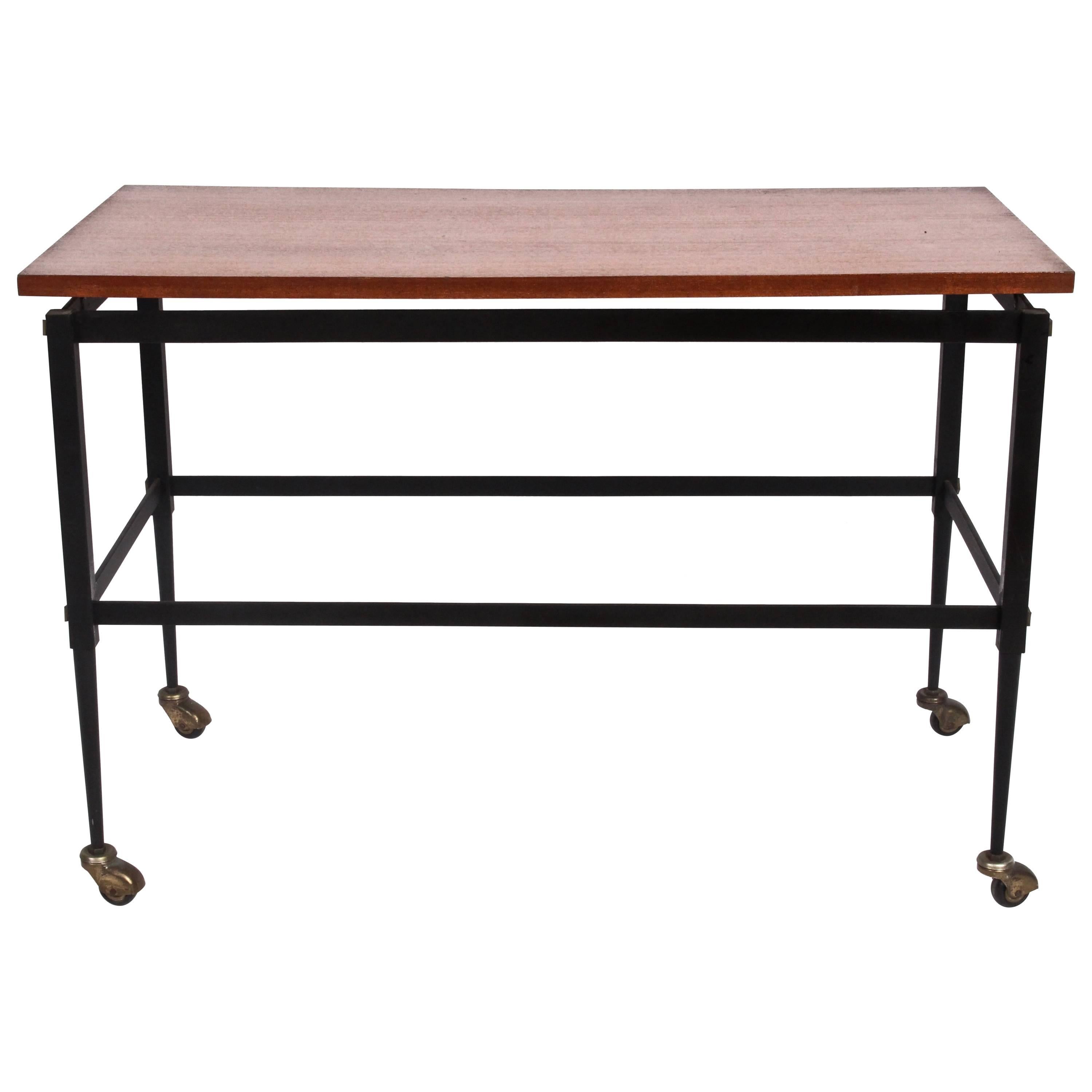 Italian Modern Black Iron Rolling Cart with Floating Teak Surface, 1960's   For Sale