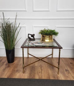 1960s Italian Modern Regency Neoclassical Squared Wood Brass Glass Coffee Table