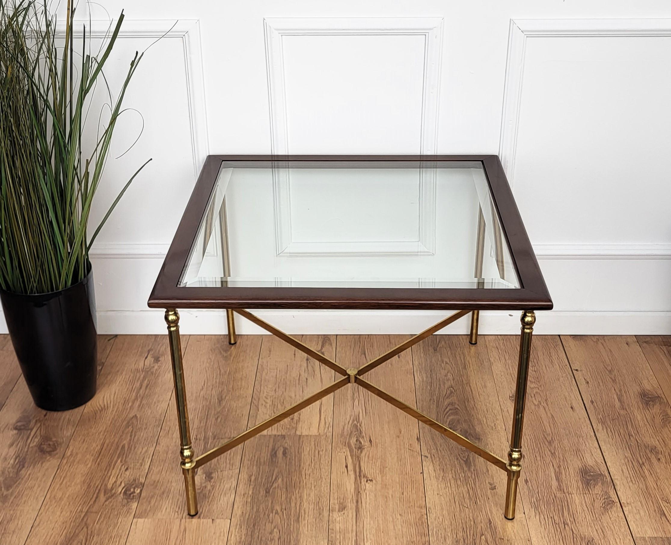 Hollywood Regency 1960s Italian Modern Regency Neoclassical Squared Wood Brass Glass Coffee Table For Sale