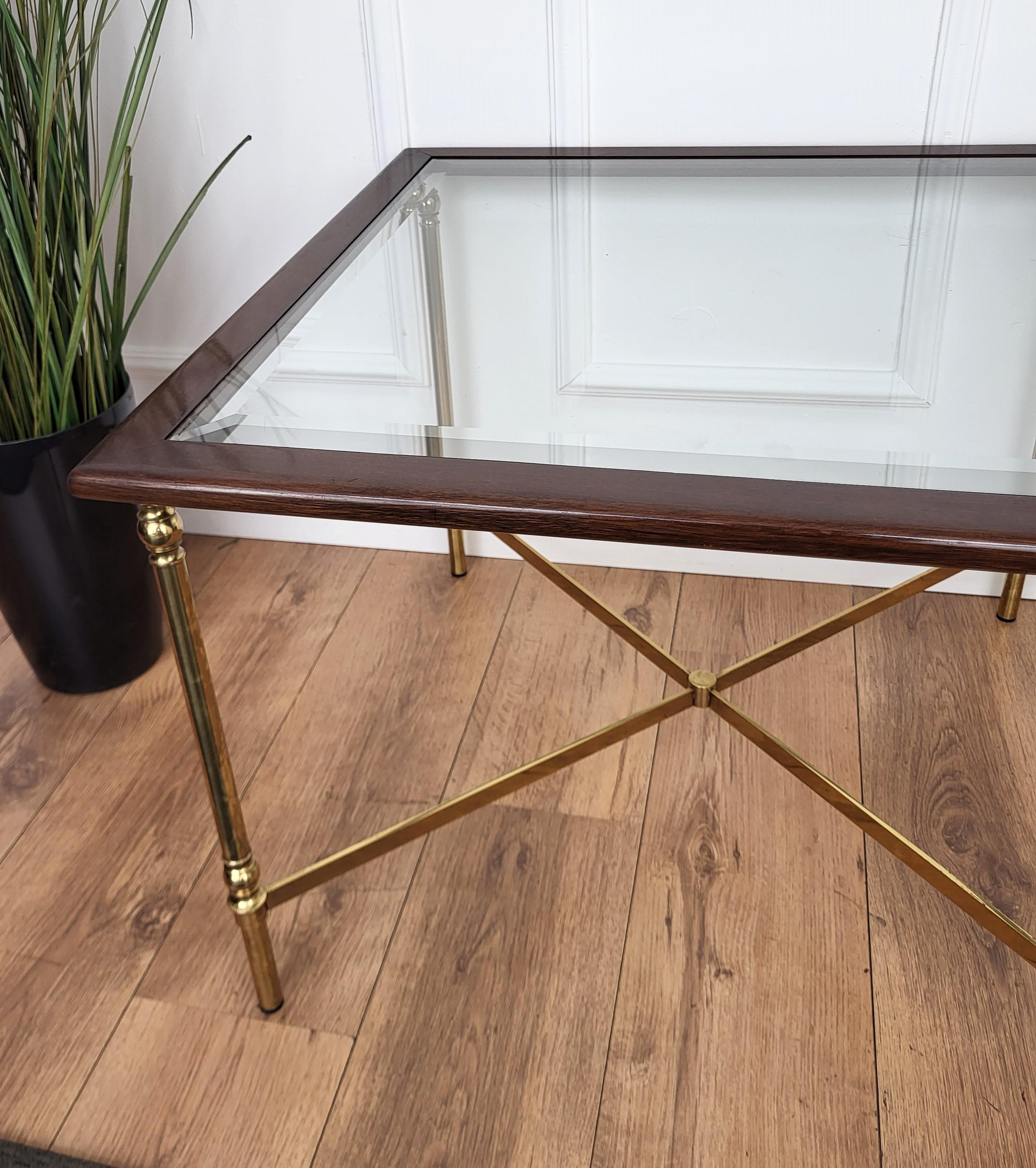 1960s Italian Modern Regency Neoclassical Squared Wood Brass Glass Coffee Table In Good Condition For Sale In Carimate, Como