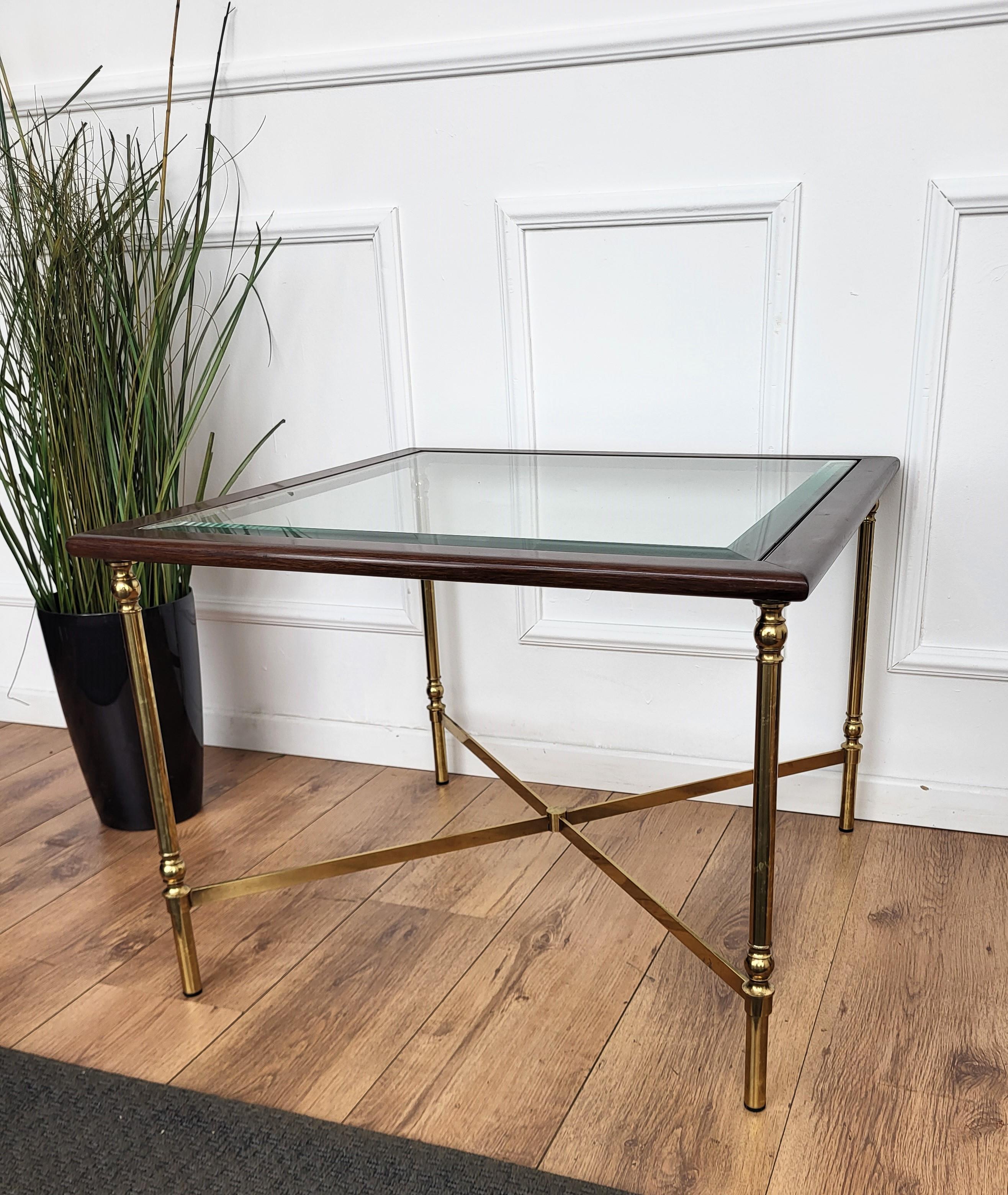 20th Century 1960s Italian Modern Regency Neoclassical Squared Wood Brass Glass Coffee Table For Sale