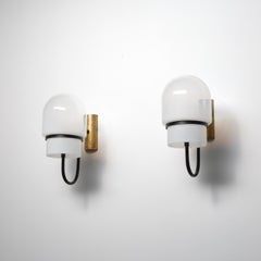 1960s Italian Modern Wall Sconces in Black-Enamelled Brass, Brass and Glass