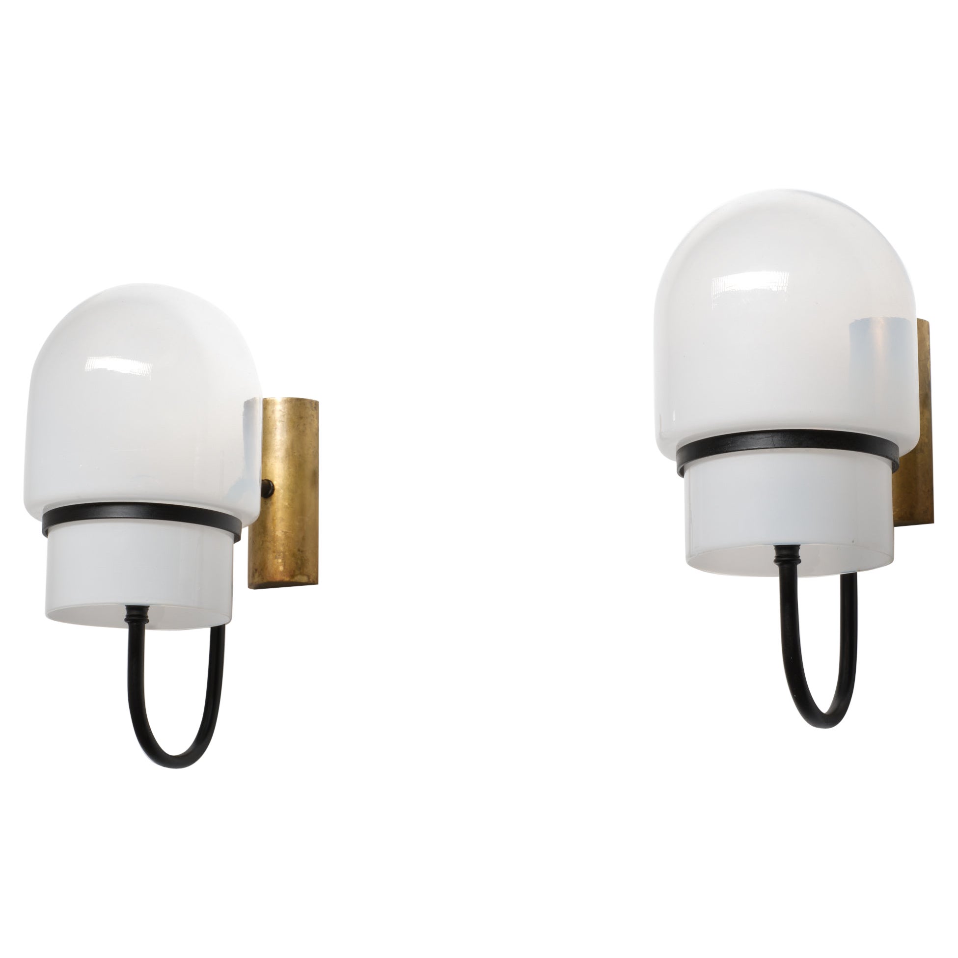 1960s Italian Modern Wall Sconces in Black-Enamelled Brass, Brass and Glass For Sale