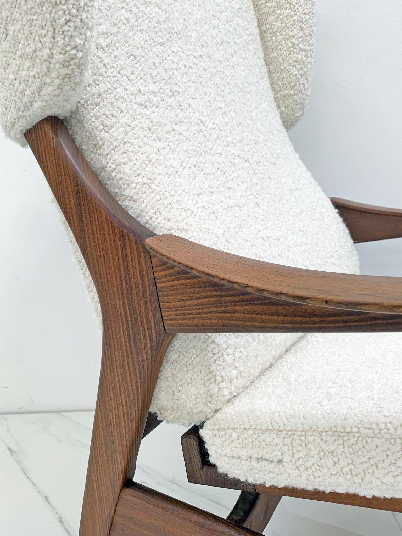Mid-Century Modern 1960's Italian Modern Wingback Lounge Chair in Rosewood and Ivory Boucle