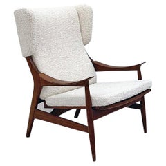 1960's Italian Modern Wingback Lounge Chair in Rosewood and Ivory Boucle