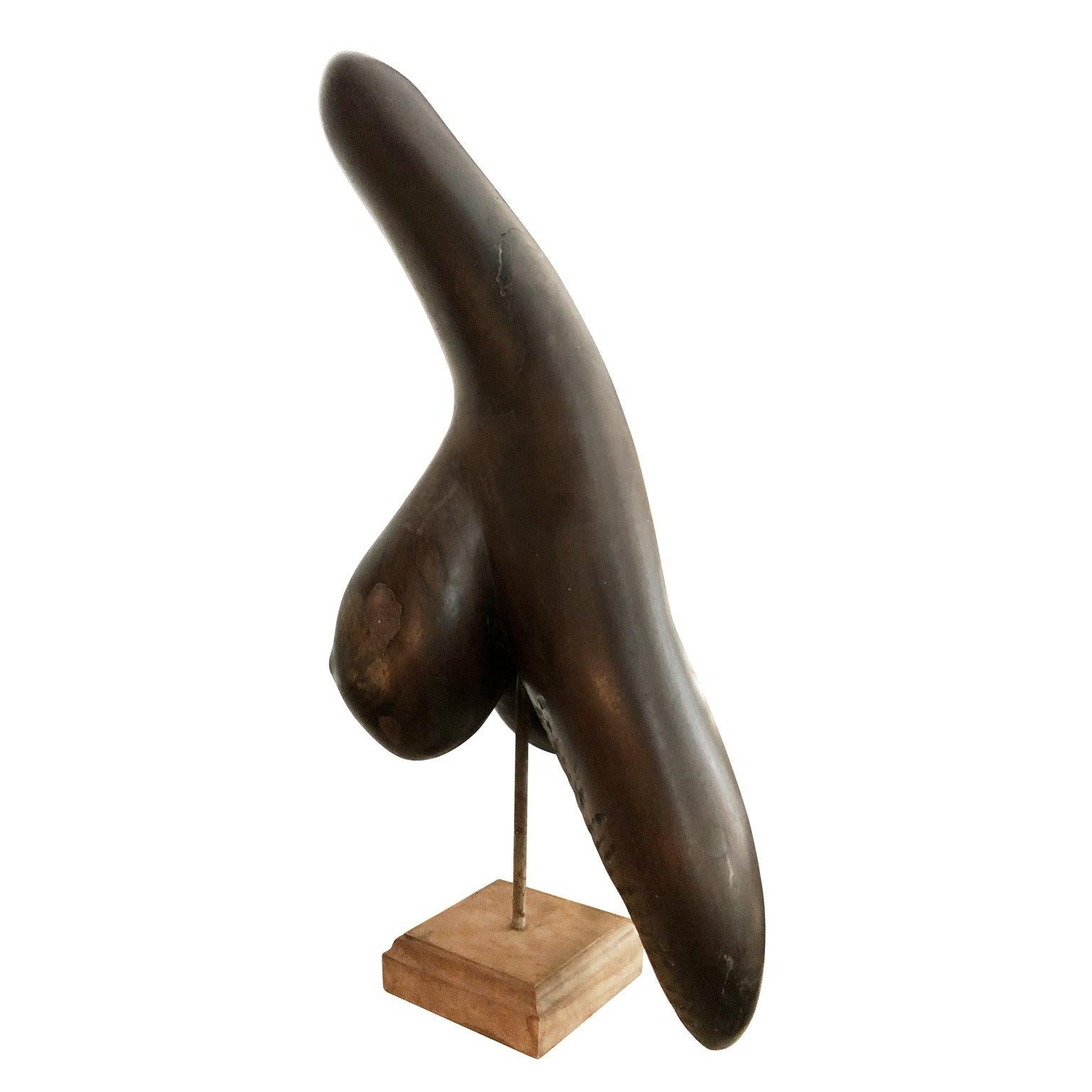 Modernist carved wood sculpture on square base with metal signature plaque by Rotellini, Italy, 1960s.
 