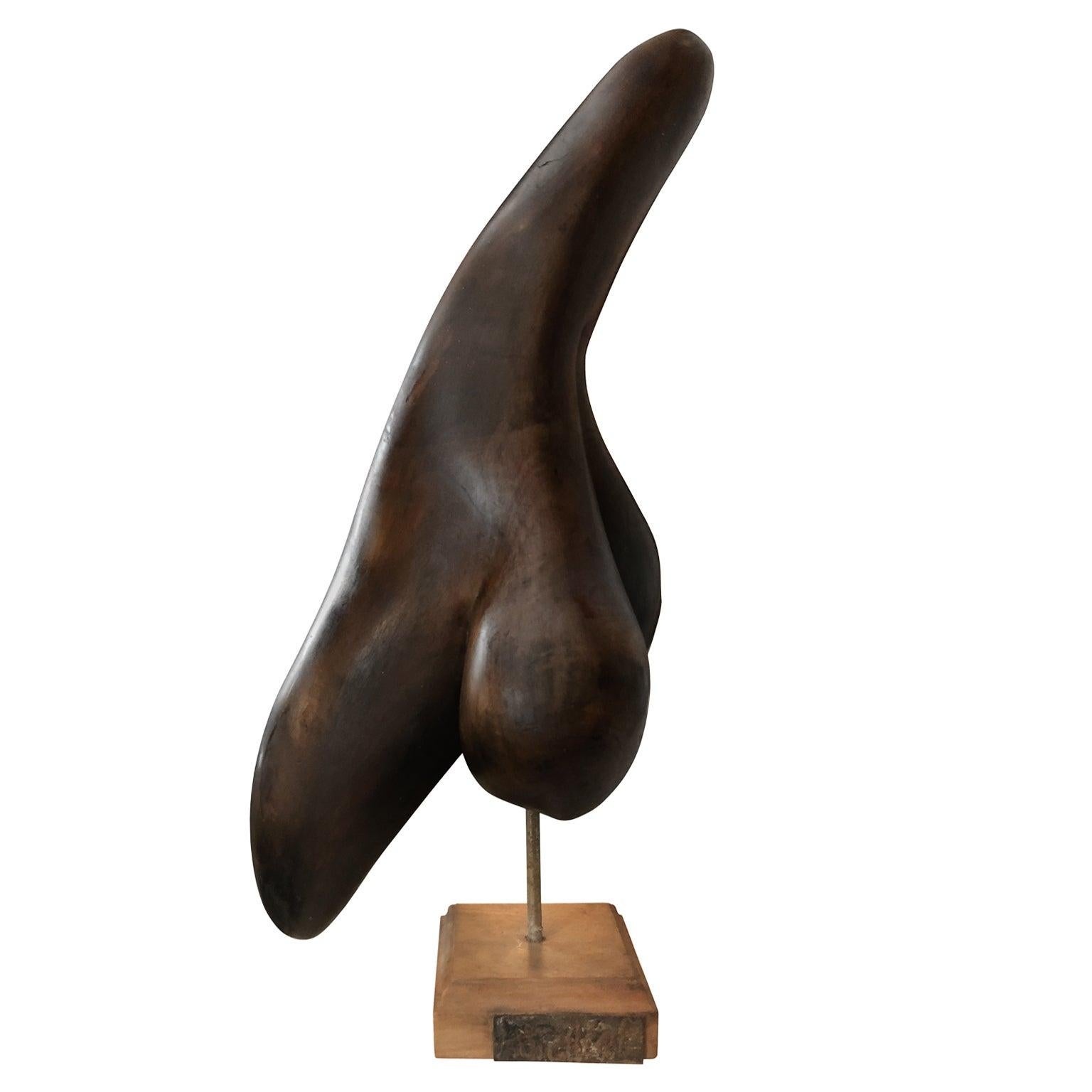 Mid-20th Century 1960s Italian Modernist Carved Wood Sculpture on Square Base