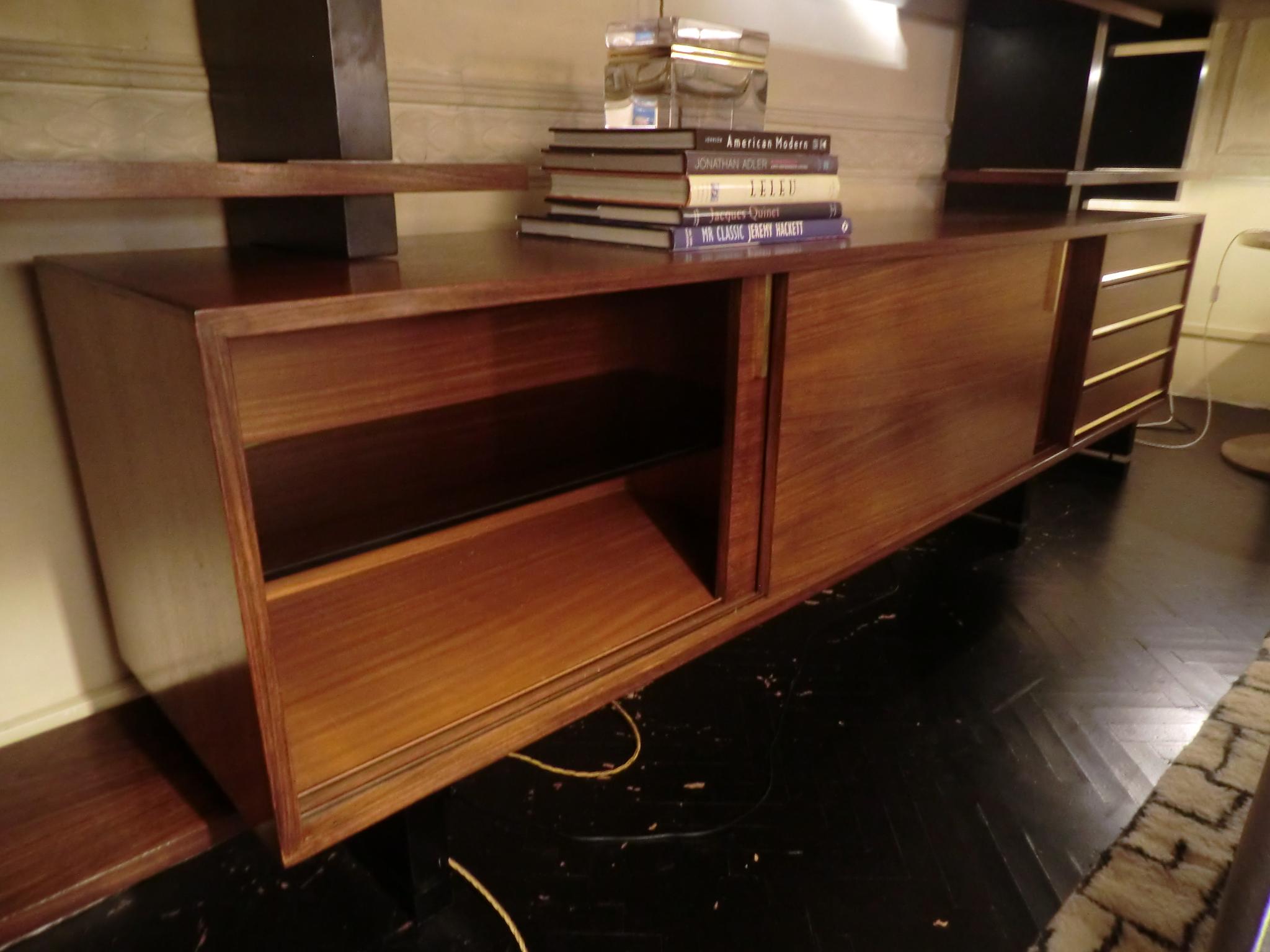 1960s Italian Modular Library, Black Lacquer and Palisander, Brass Details 8