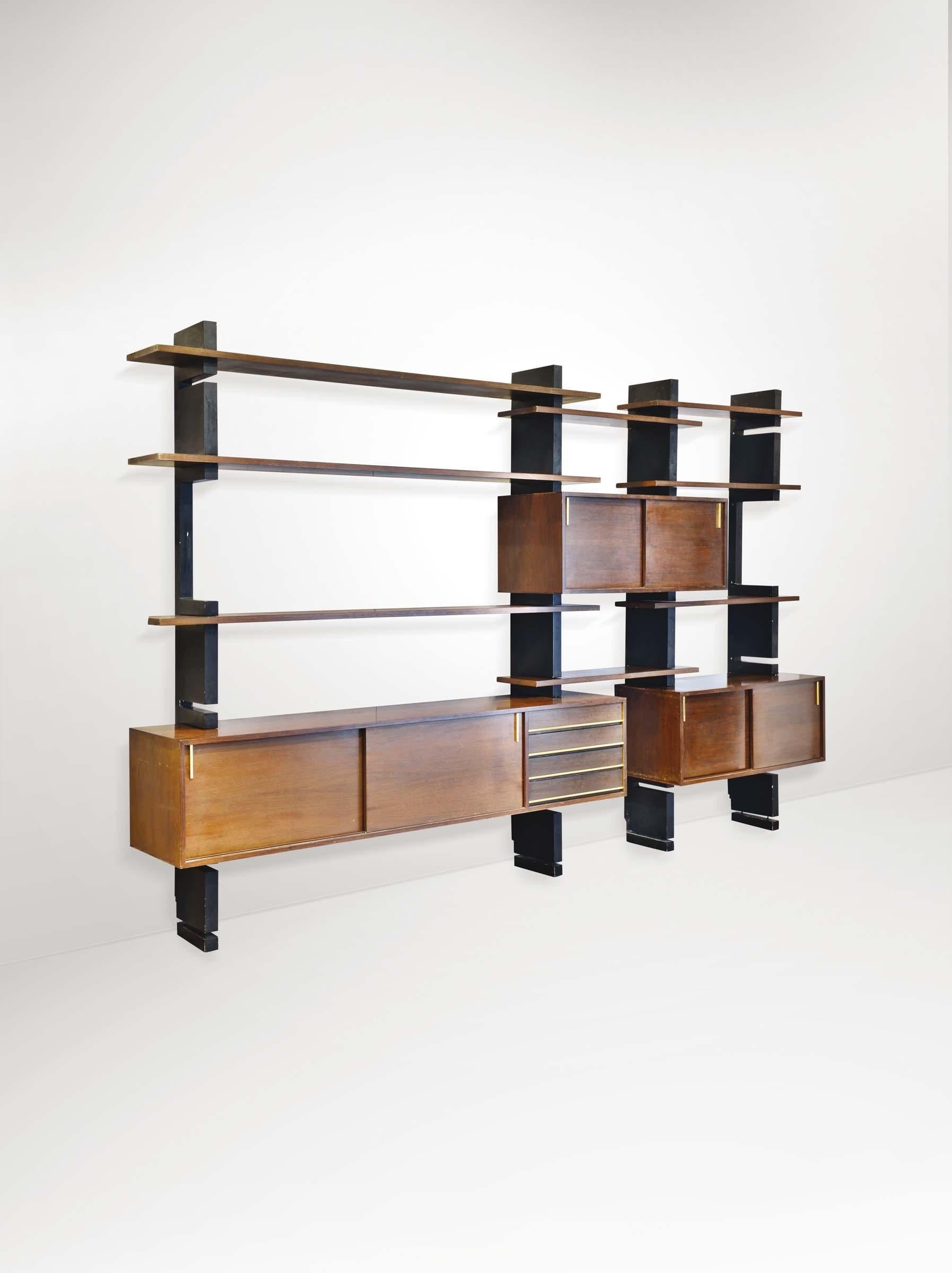 1960s Italian Modular Library, Black Lacquer and Palisander, Brass Details 10