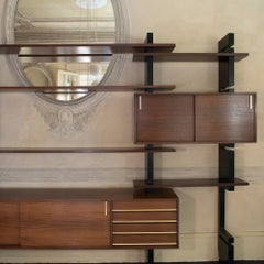 1960s Italian Modular Library, Black Lacquer and Palisander, Brass Details
