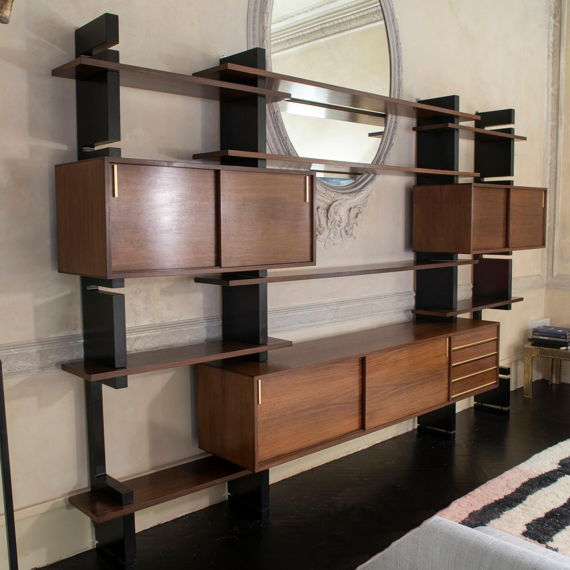 Mid-Century Modern 1960s Italian Modular Library, Black Lacquer and Palisander, Brass Details