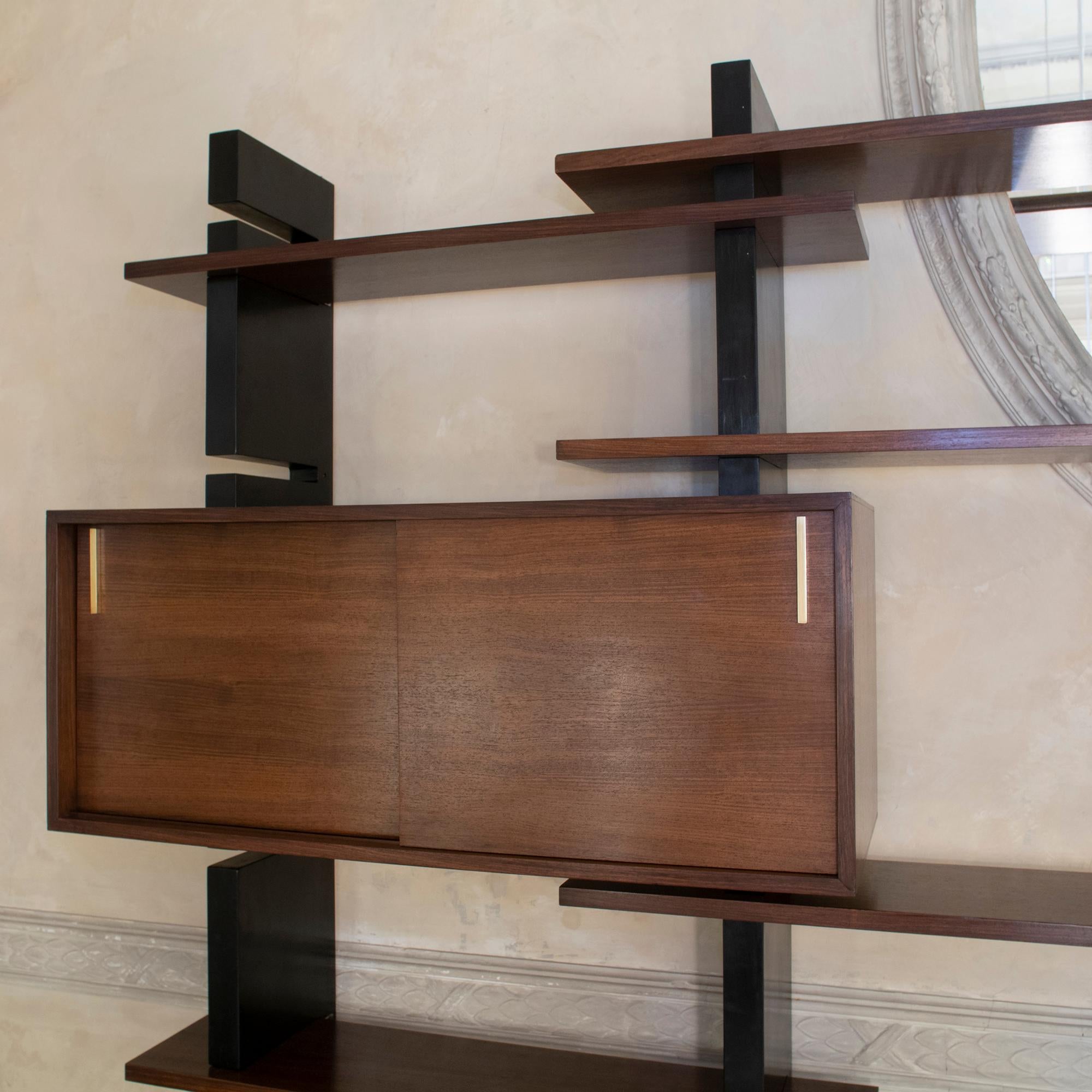 Lacquered 1960s Italian Modular Library, Black Lacquer and Palisander, Brass Details