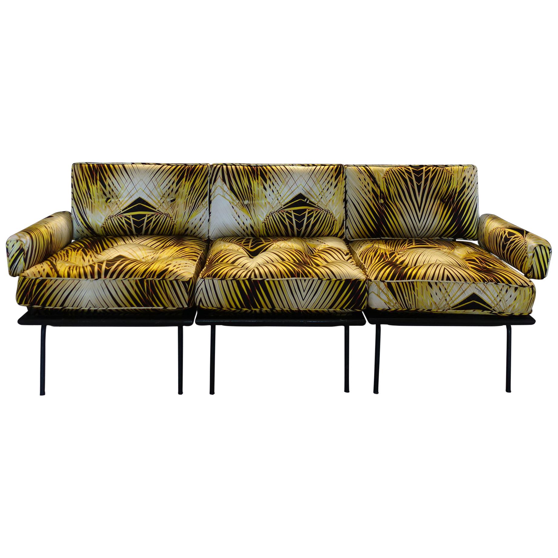 1960s Italian Modular Sofa, Black Steel / Wood, Botanical Print Silk