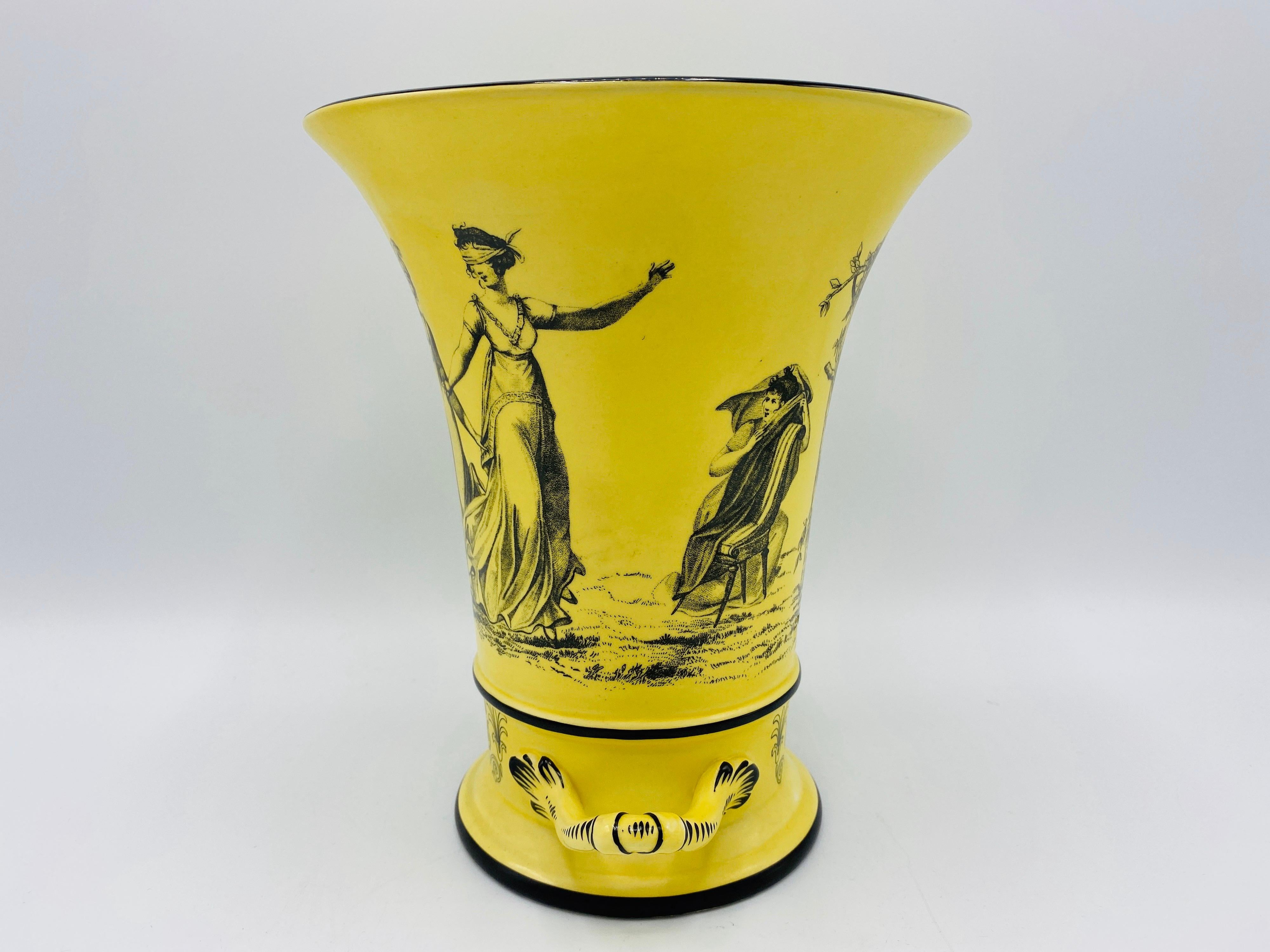 20th Century Italian Mottahedeh Yellow and Black Toile Handled Urn Vases, Pair, 1960s For Sale