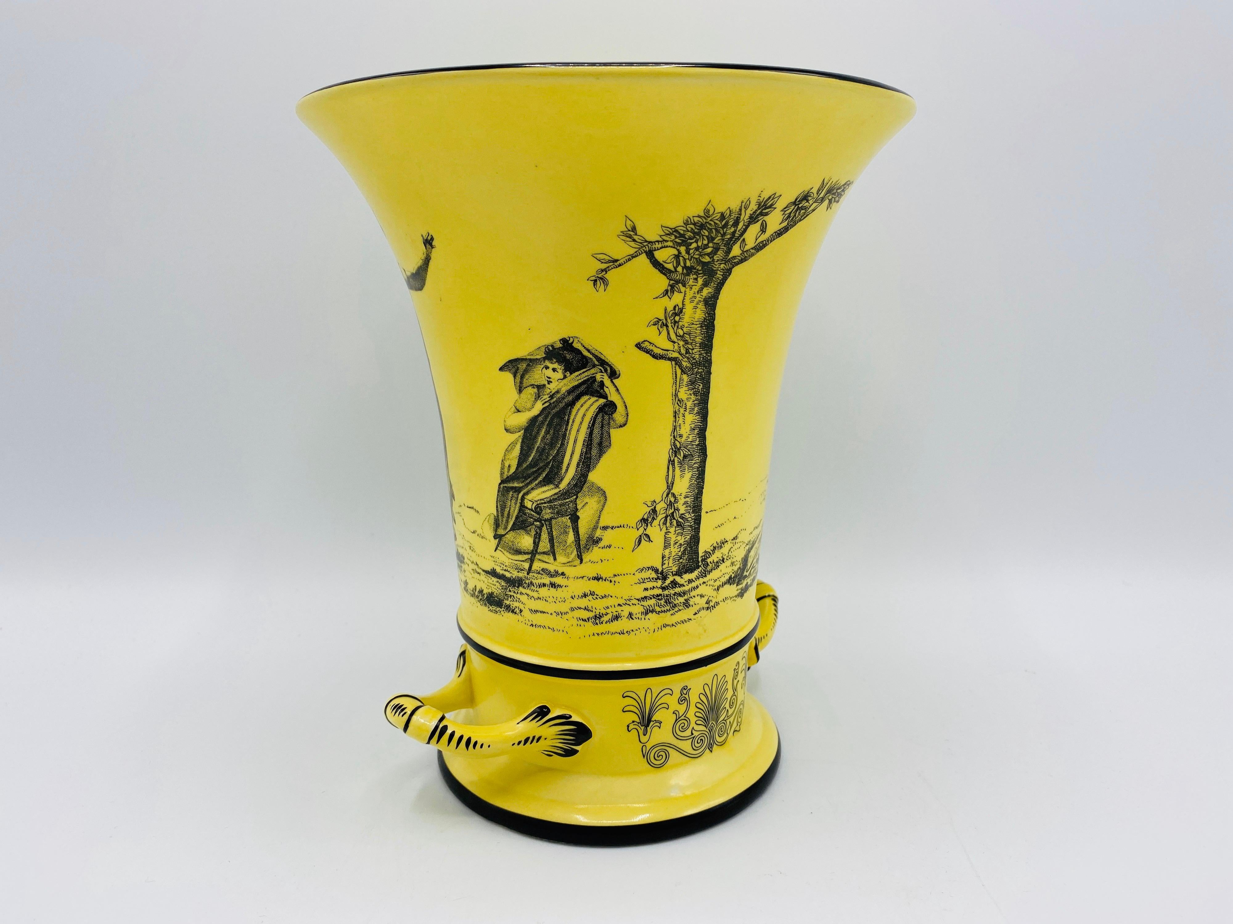 Porcelain Italian Mottahedeh Yellow and Black Toile Handled Urn Vases, Pair, 1960s For Sale