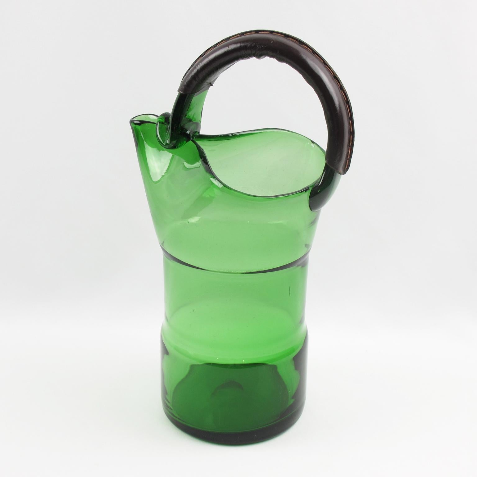 Mid-Century Modern 1960s Italian Mouth-Blown Glass Barware Pitcher Hand-Stitched Leather Handle