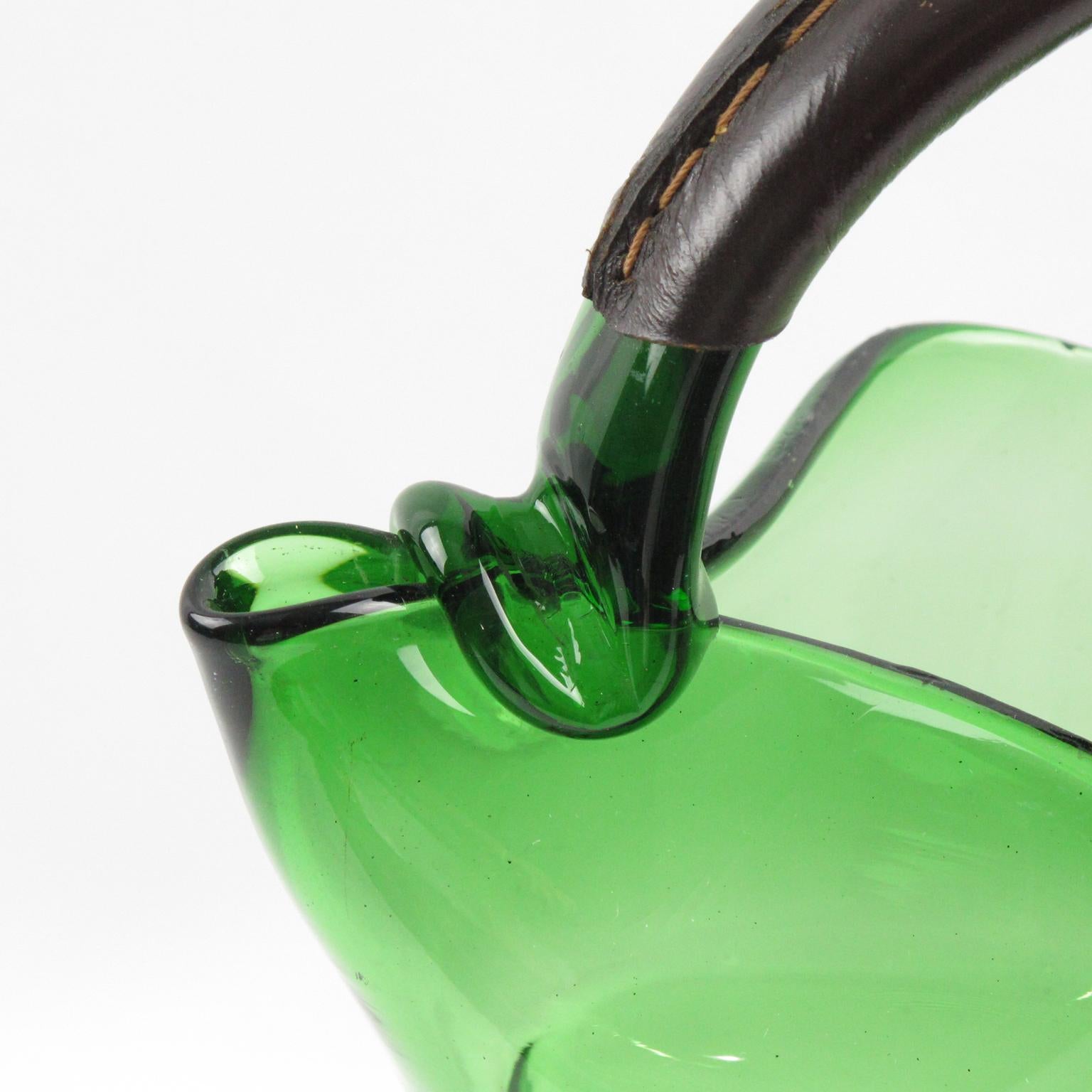 Mid-20th Century 1960s Italian Mouth-Blown Glass Barware Pitcher Hand-Stitched Leather Handle