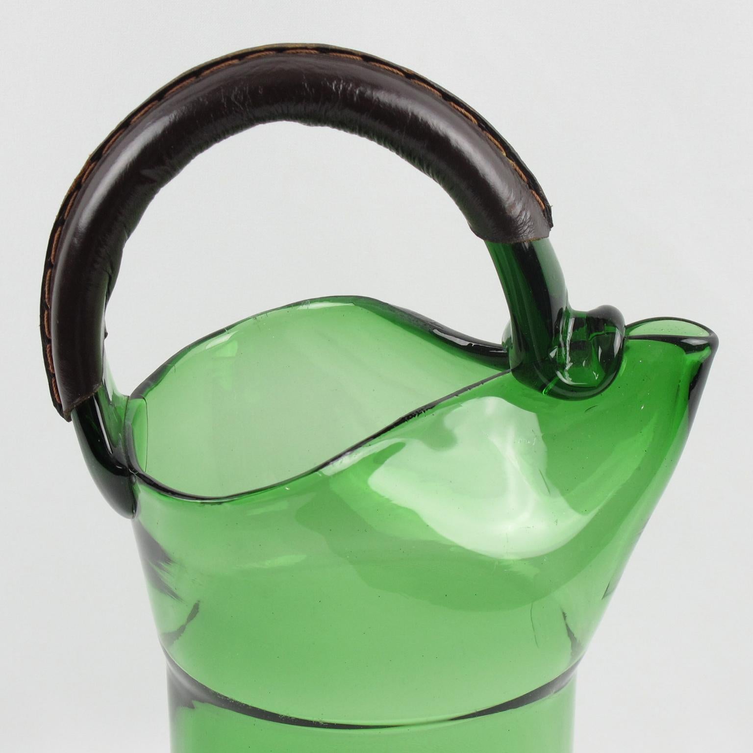 1960s Italian Mouth-Blown Glass Barware Pitcher Hand-Stitched Leather Handle 3