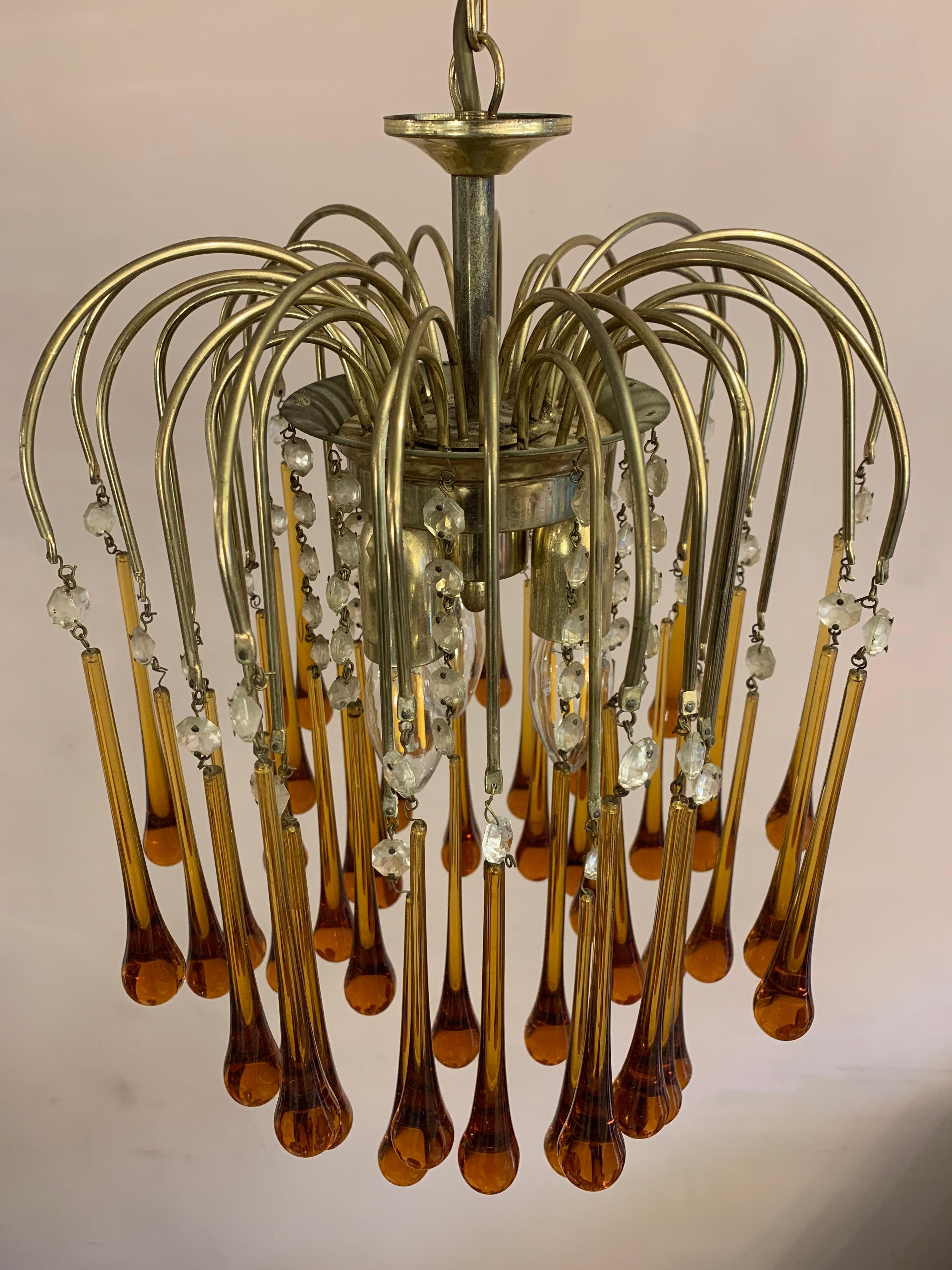 1960s Italian Murano Amber Glass and Brass Teardrop Chandelier by Paolo Venini 7