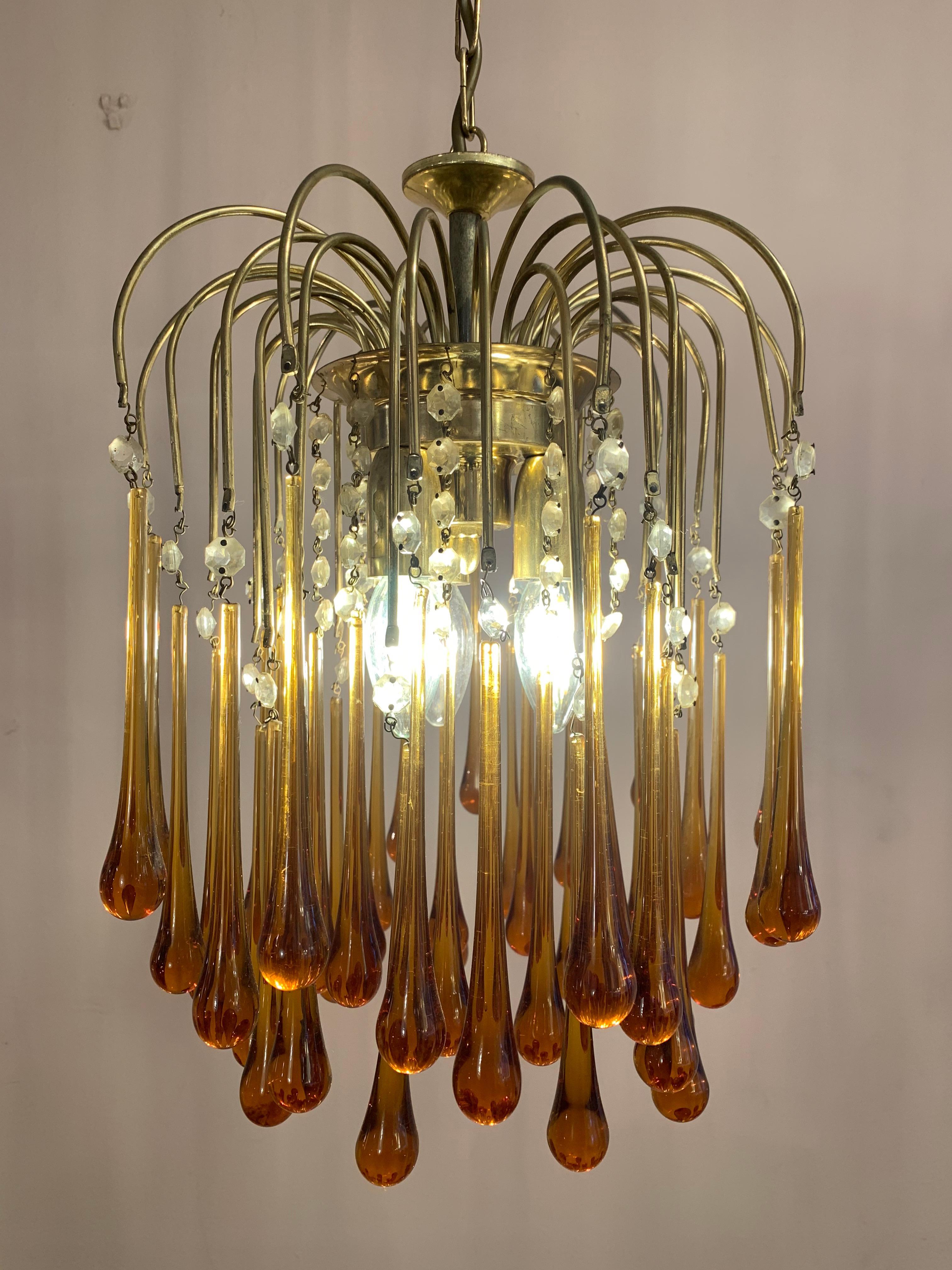 Mid-Century Modern 1960s Italian Murano Amber Glass and Brass Teardrop Chandelier by Paolo Venini