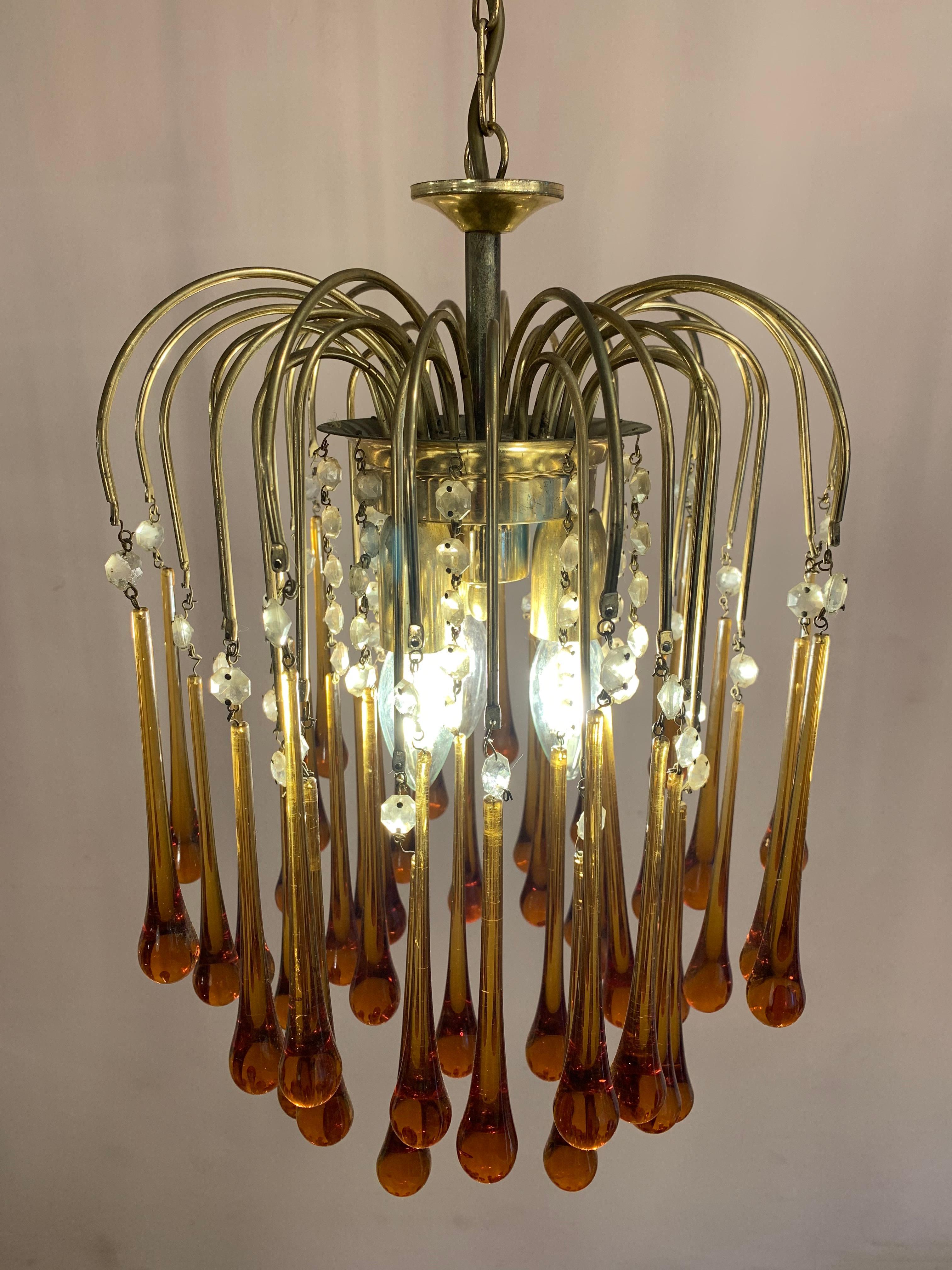 1960s Italian Murano Amber Glass and Brass Teardrop Chandelier by Paolo Venini In Good Condition In London, GB