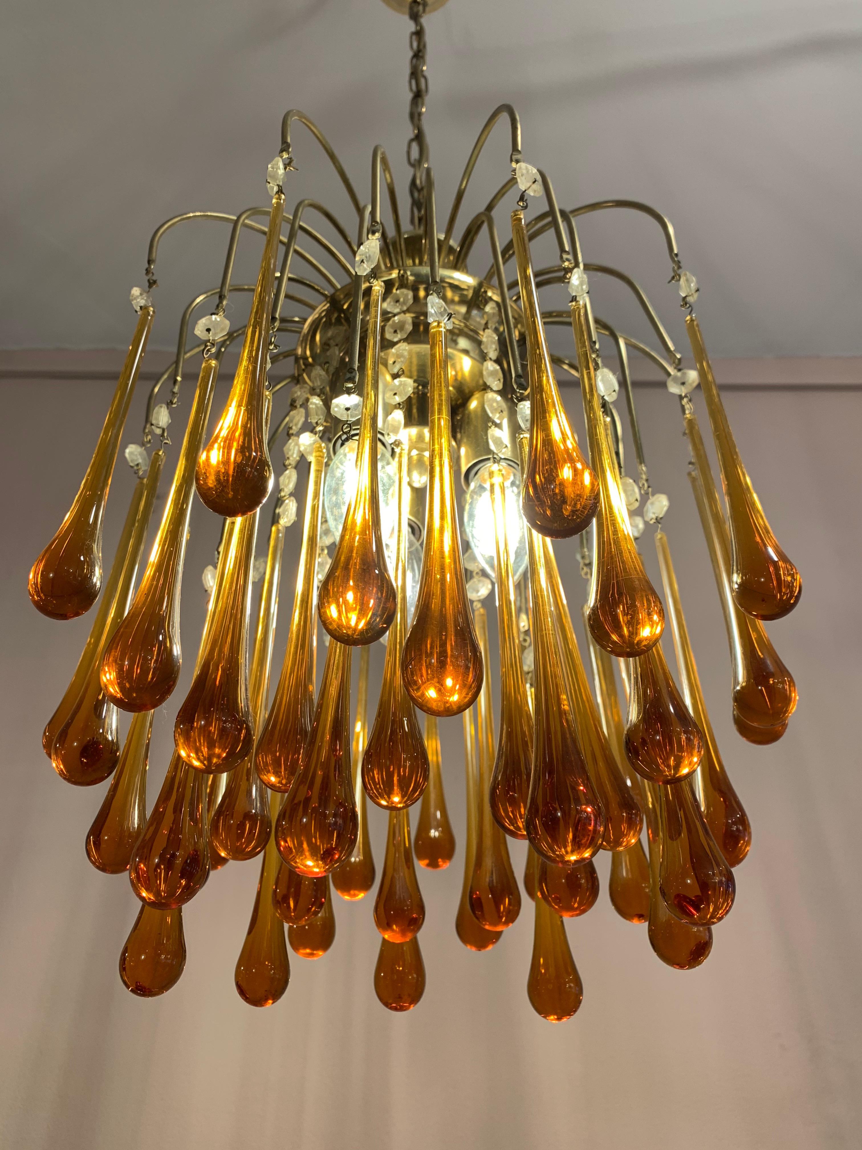 20th Century 1960s Italian Murano Amber Glass and Brass Teardrop Chandelier by Paolo Venini