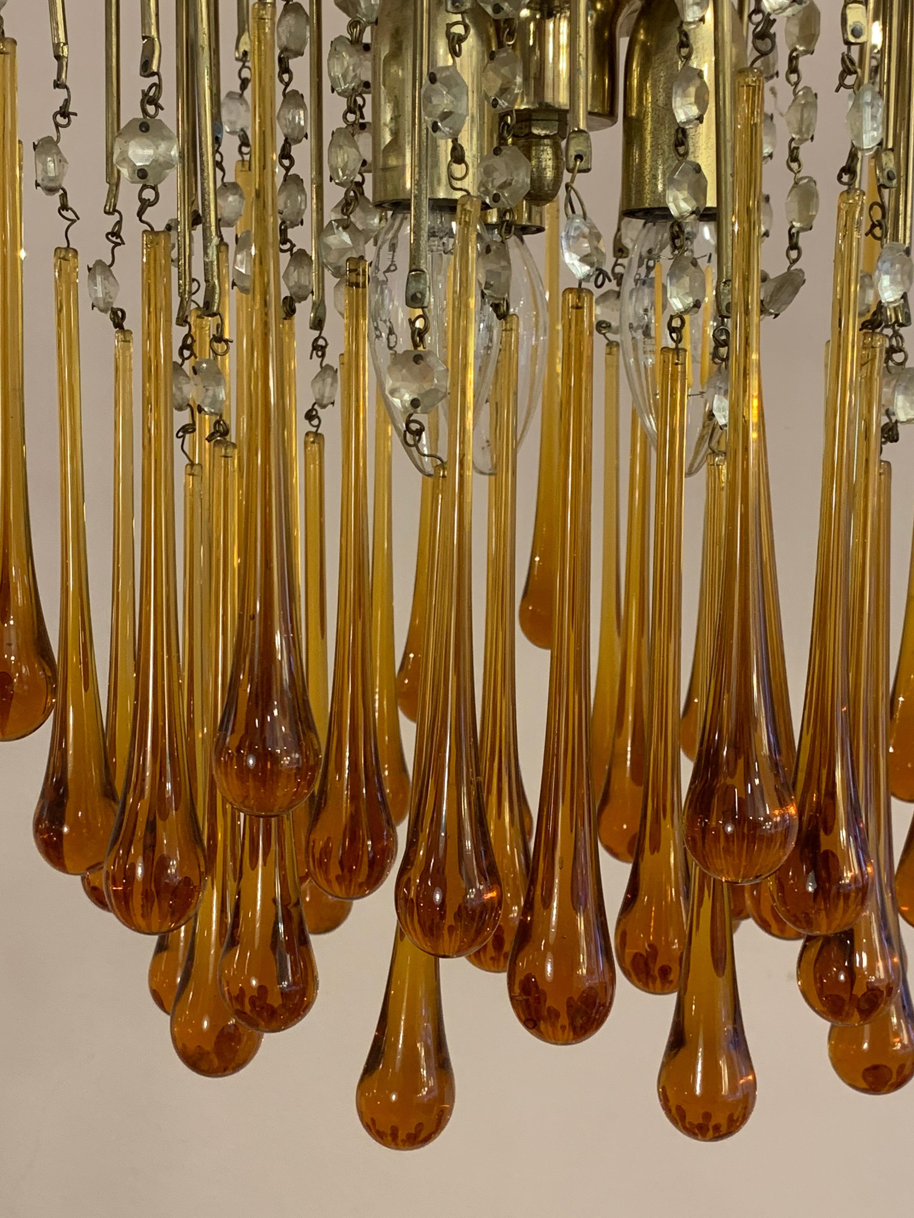 1960s Italian Murano Amber Glass and Brass Teardrop Chandelier by Paolo Venini 3