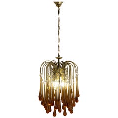 1960s Italian Murano Amber Glass and Brass Teardrop Chandelier by Paolo Venini