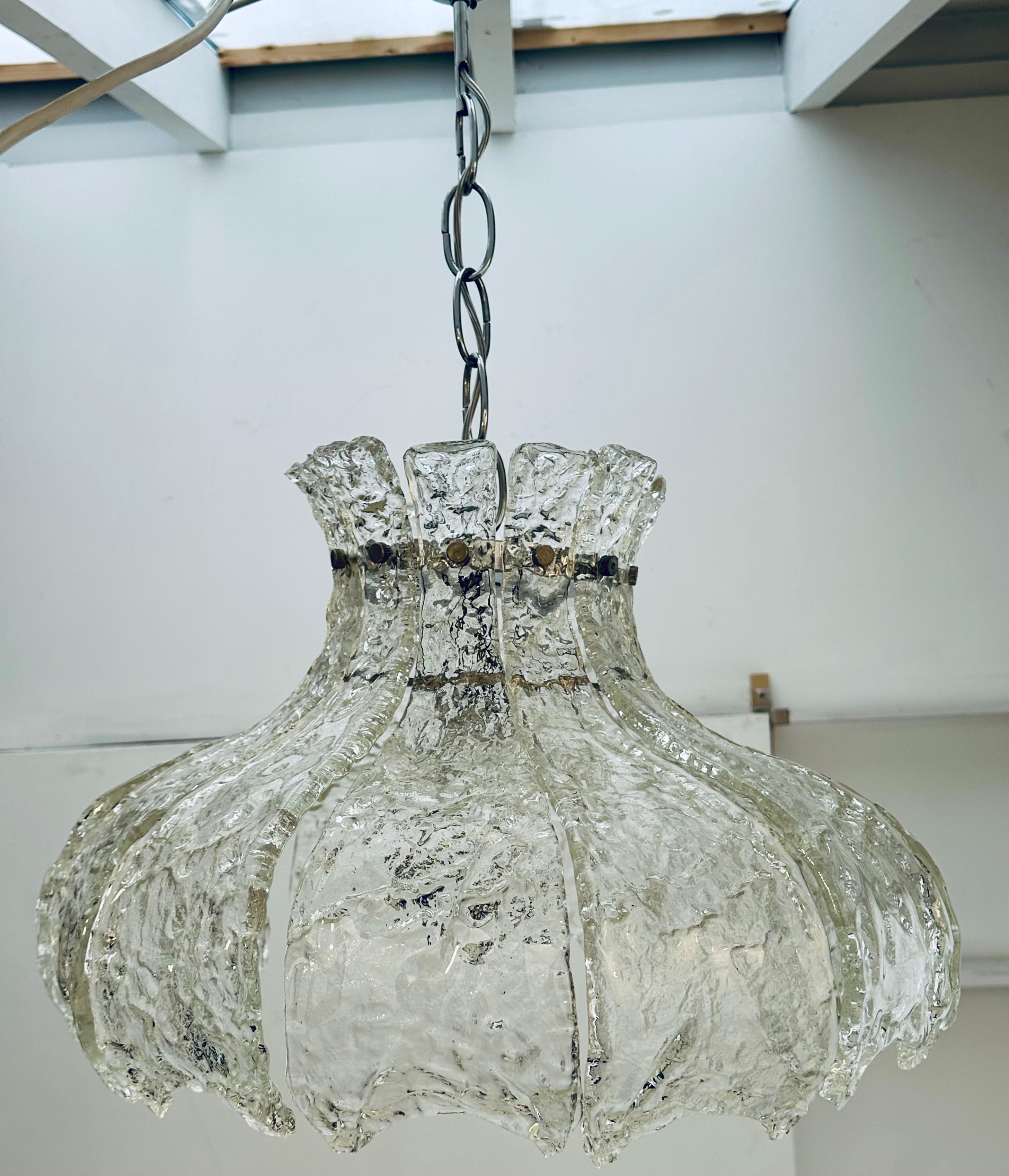 1960s Italian Murano 'Forked' Textured Clear Glass Mazzega Carlo Nason Pendant  For Sale 4
