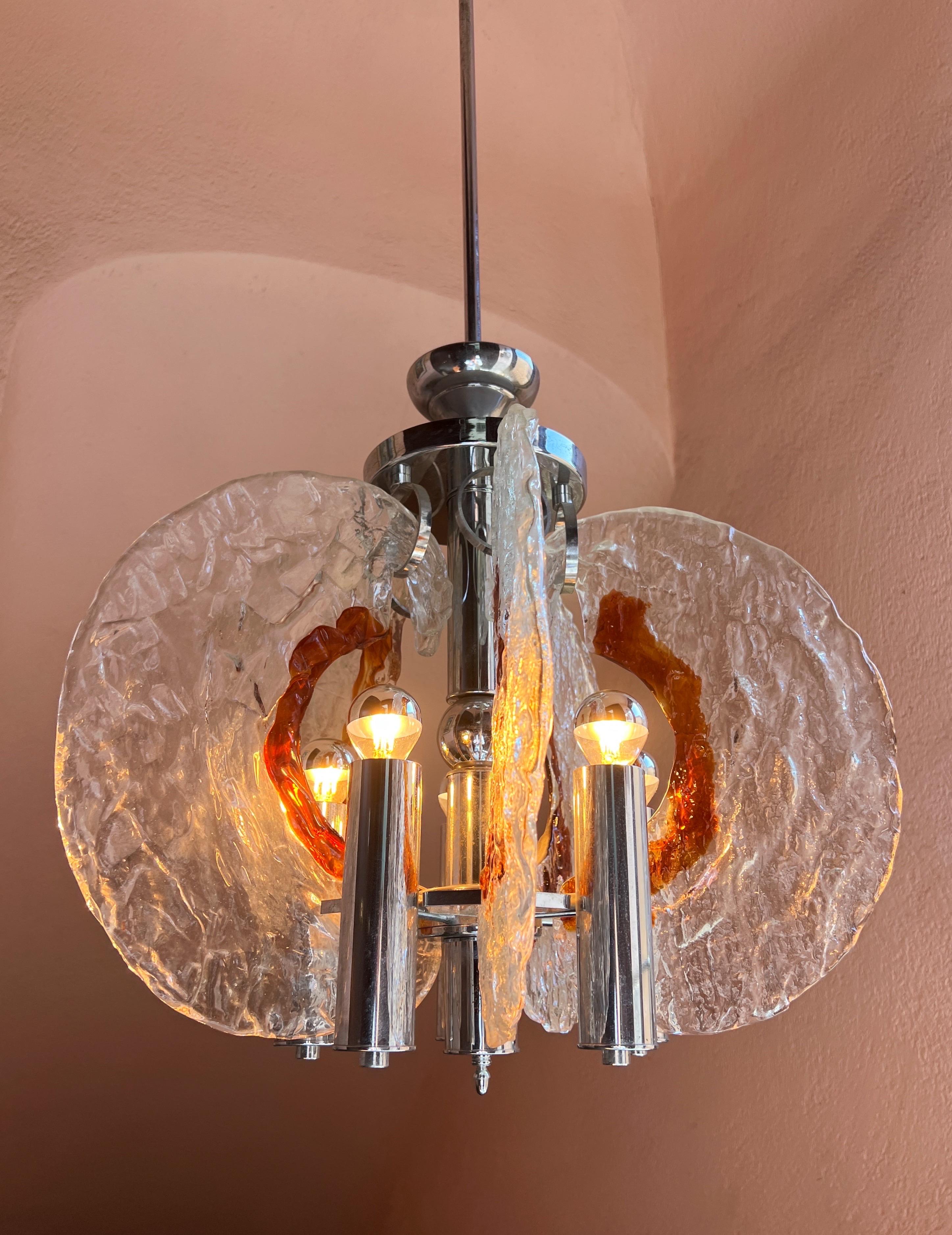 Lámpara colgante italiana de cristal de Murano y cromo de los años 60, por Carlo Nason para Mazzega en venta 6