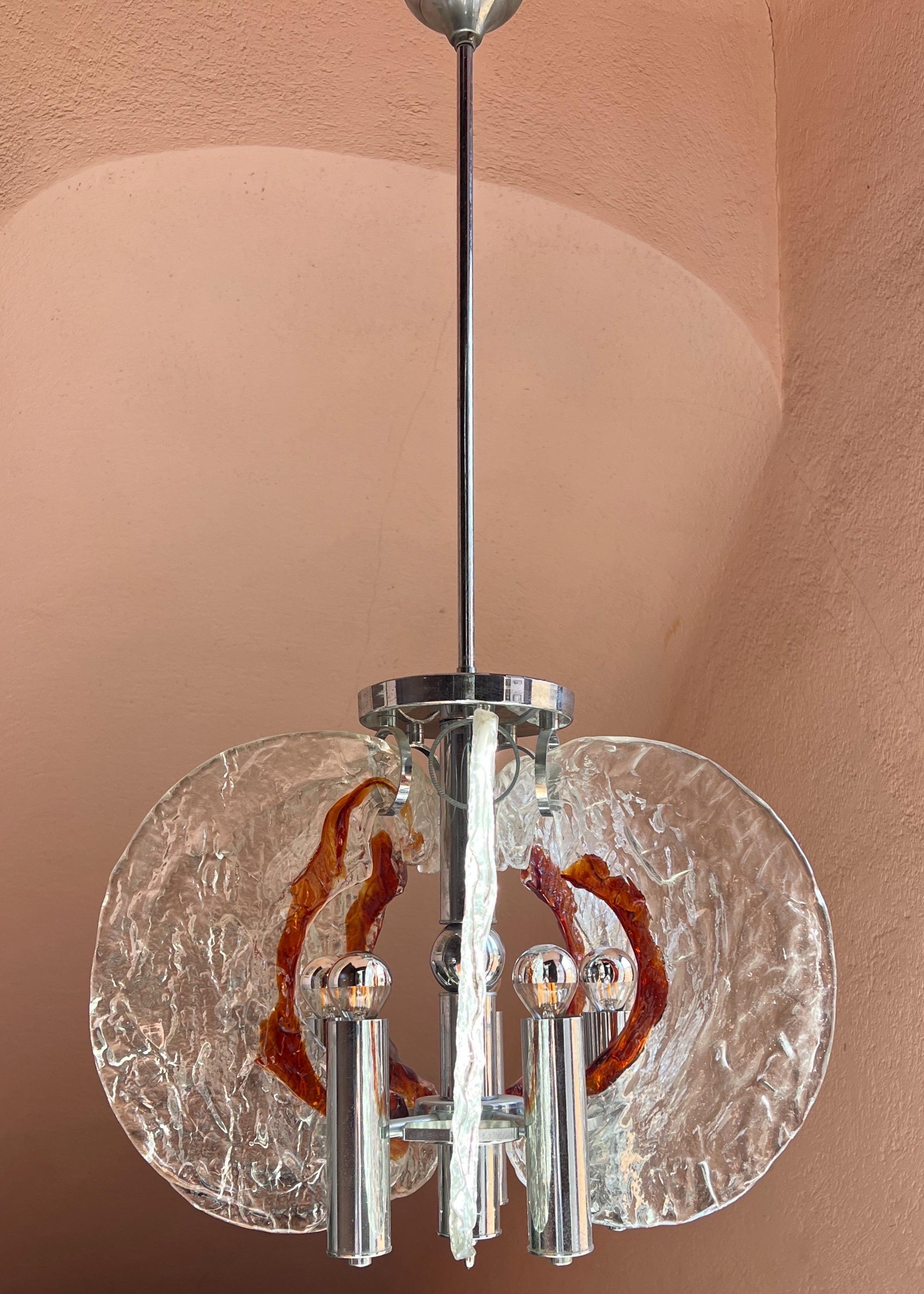 Lámpara colgante italiana de cristal de Murano y cromo de los años 60, por Carlo Nason para Mazzega en venta 7